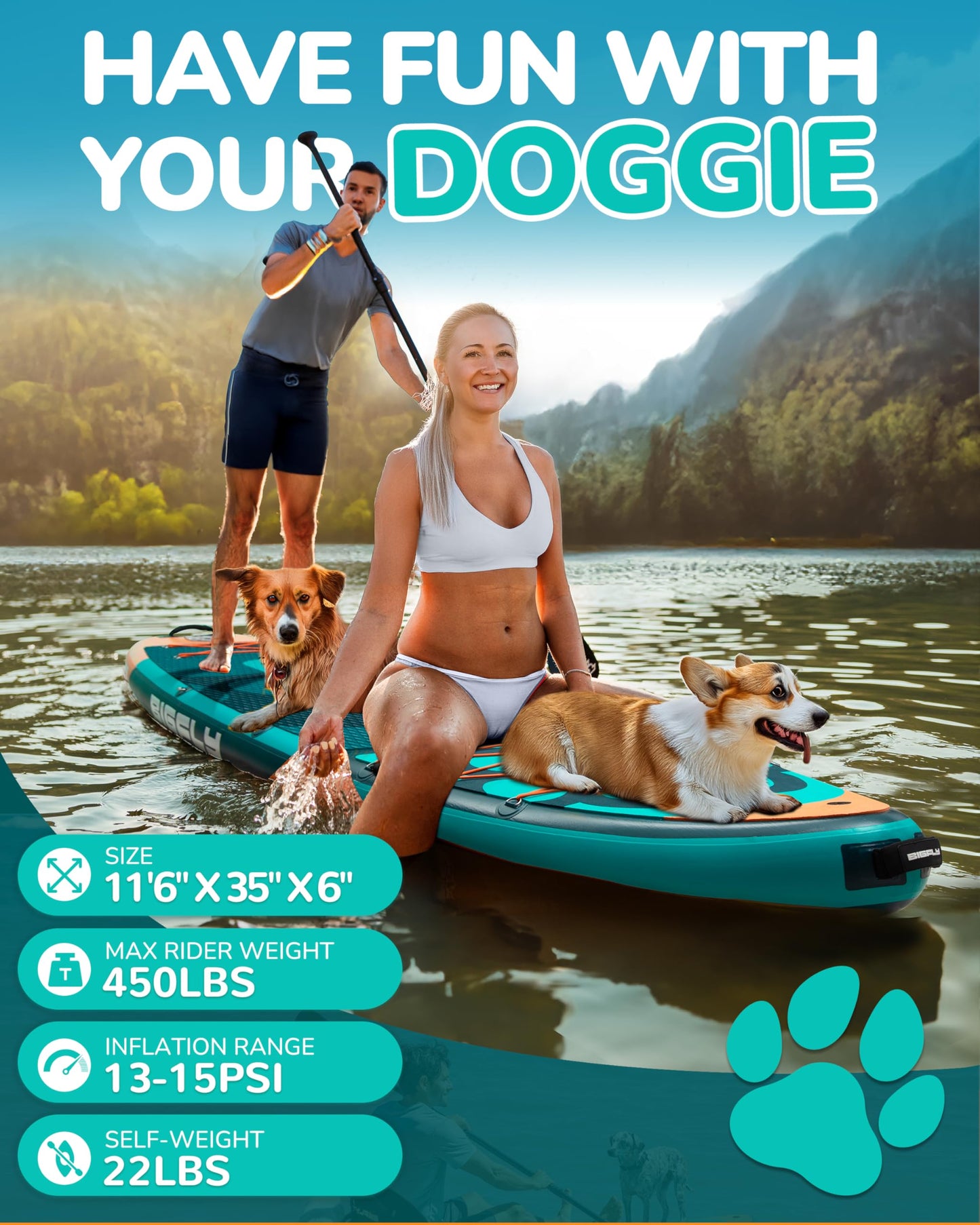 BIGFLY 11'6"x35"x6" Inflatable Stand Up Paddle Boards, Widened SUP Board for Pet Dog Family Board Independently Scratch Resistant Pet pad, Travel Leisure w/Camera Mount