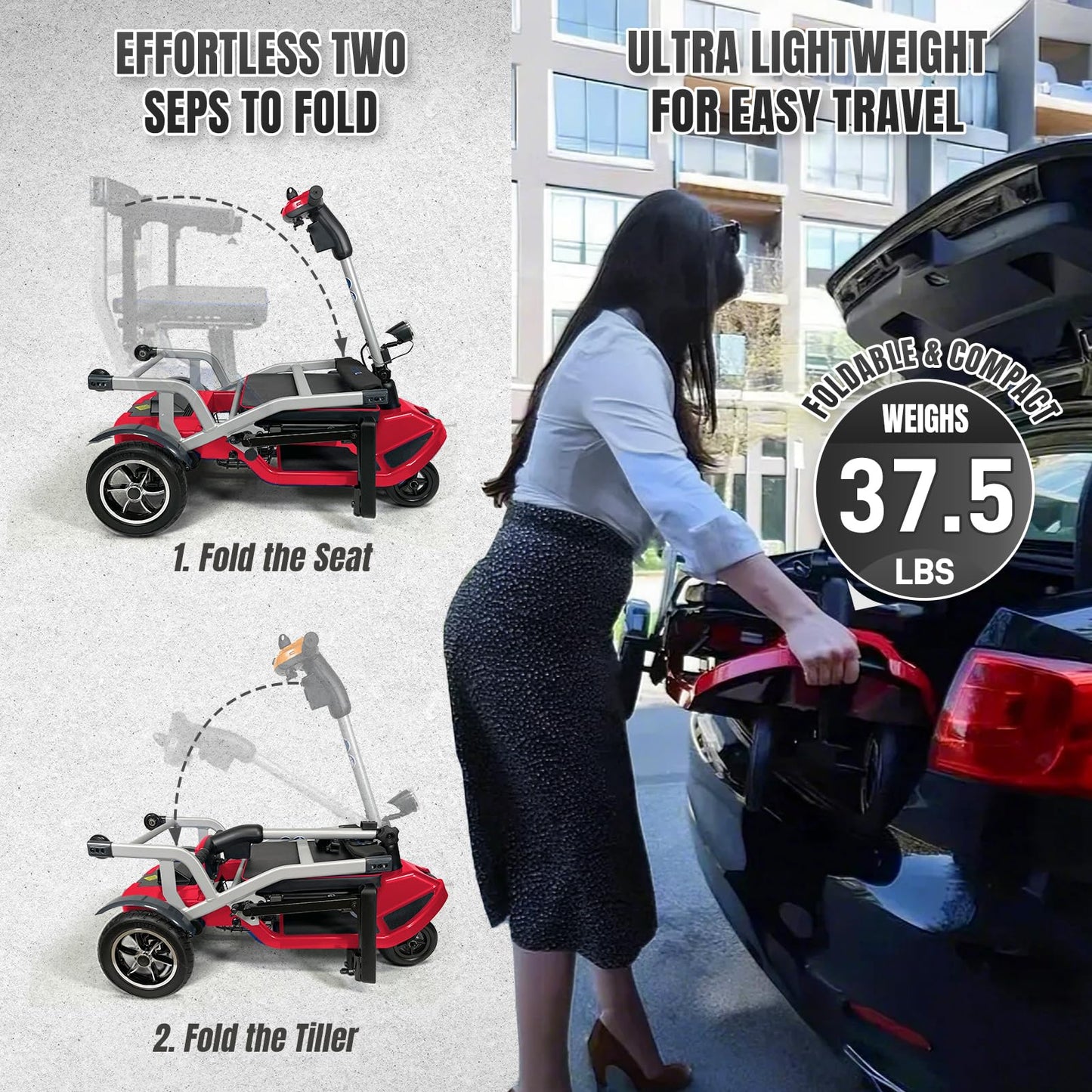 ZiiLIF R3b-Mobility Scooters for Seniors Adults Ultra Lightweight 37.5 Ibs Electric Powered Folding 4 Wheel Mobility Scooter with Cup Holder, Compact & Convenient for Travel Airline Approved, Red
