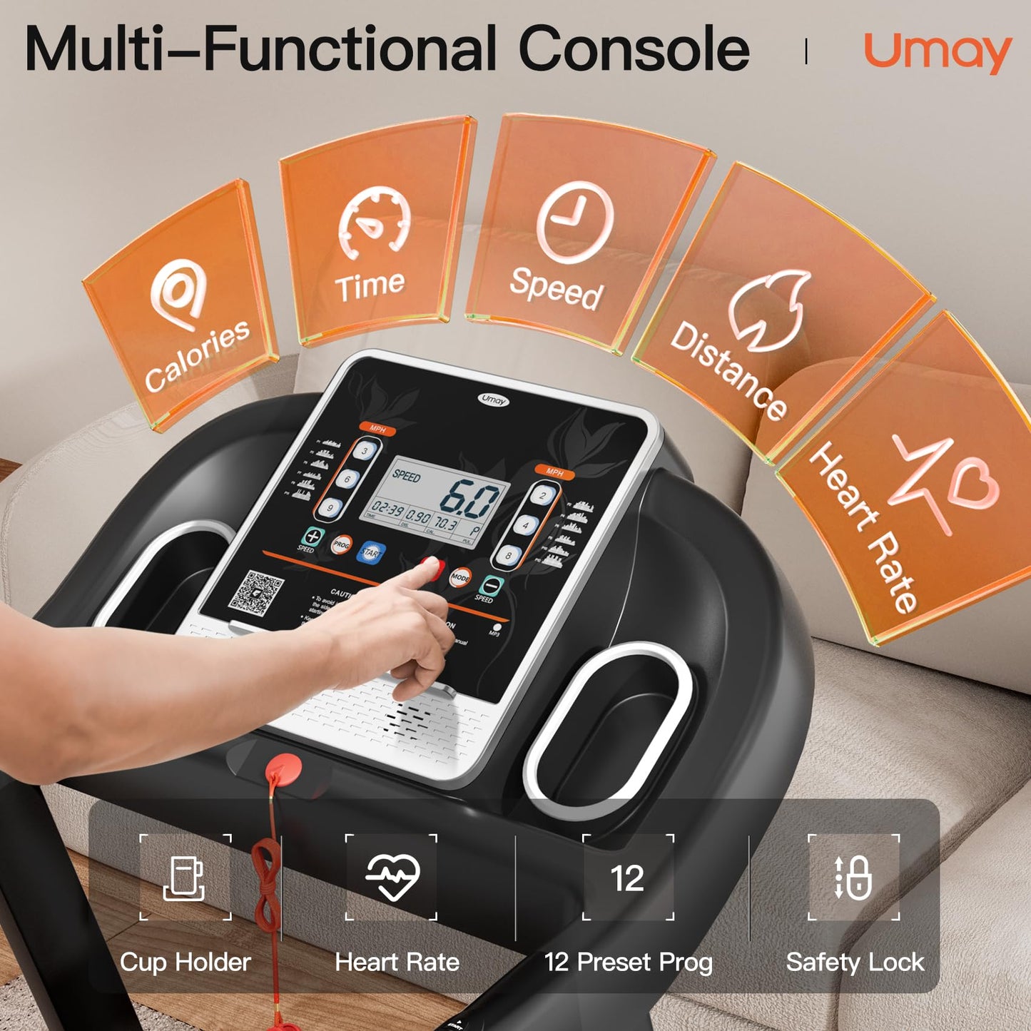 UMAY Foldable Treadmill with Auto Incline, Quiet Treadmills for Home, 12 Preset Programs, 3.0 HP, 9 MPH, 300lbs Capacity