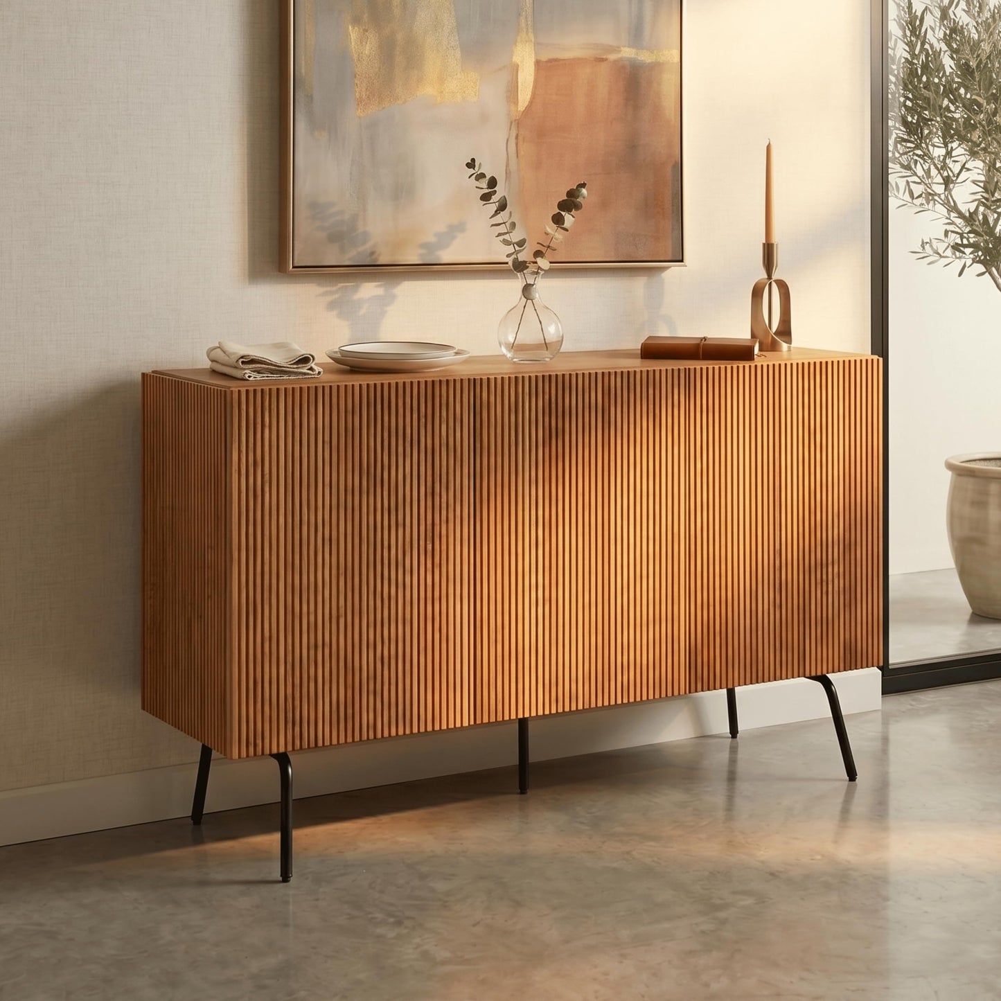 NTC Veil Modern Sideboard with 3 Doors, Buffet Cabinet with Vertical Groove Design and Metal Legs, Storage Cabinet for Living Room, and Hallway, Effortless Assembly - Rustic Oak