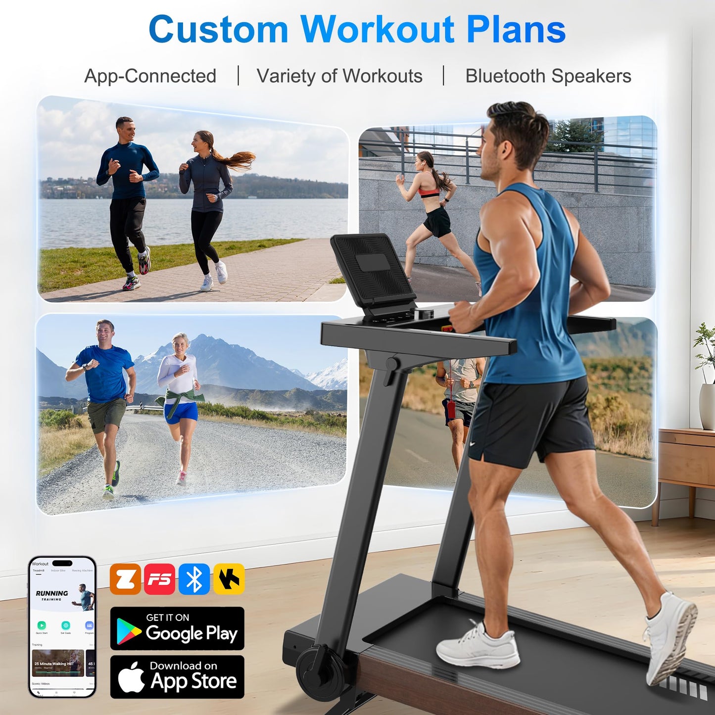 Borgusi Treadmills for Home with Auto Incline - Fully Assembled, 4 Hp Foldable Treadmill, 18.9 Inch Wide, 400 Lb Capacity, LED Display, 12 Mph Speed, Bluetooth App and Speaker, Shock Absorbent