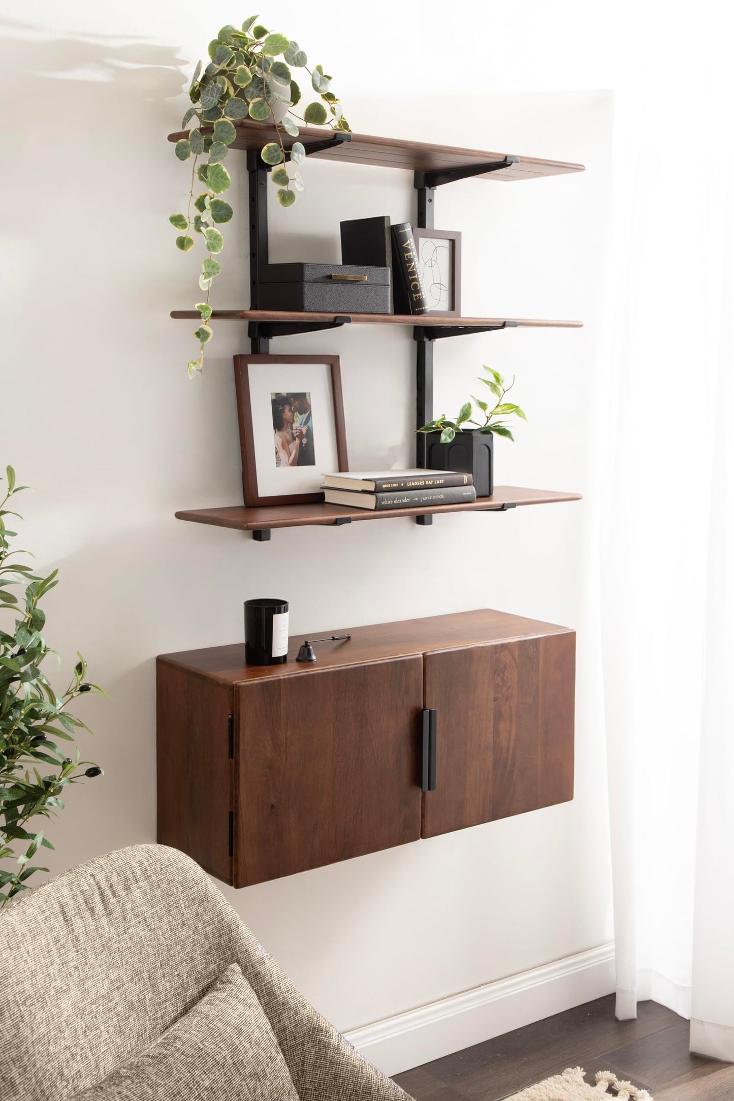Kate and Laurel Atwood Modern Mango Wood Two-Door Wall Cabinet, 32 x 10 x 14, Walnut Brown, Decorative Storage Cabinet with Metal Pulls for Use as Floating Nightstand or Floating TV Shelf
