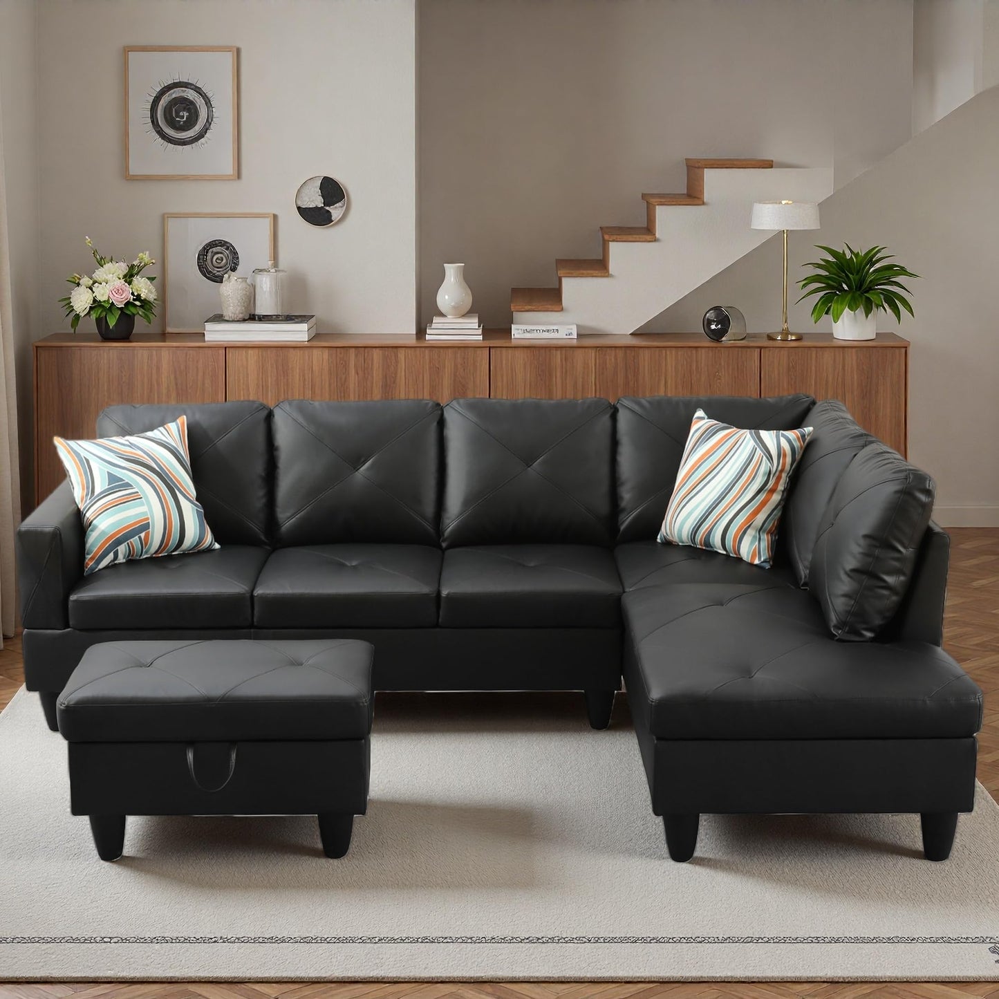 Topcomfy 97.5" L Shaped Couch Set, Modular Sectional Couches for Living Room with Storage Ottoman, 4 Seat Home Sofa Living Room Furniture Sets with Chaise for Apartment Office (Faux Leather, Black)
