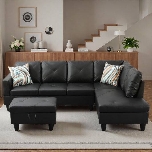 Topcomfy 97.5" L Shaped Couch Set, Modular Sectional Couches for Living Room with Storage Ottoman, 4 Seat Home Sofa Living Room Furniture Sets with Chaise for Apartment Office (Faux Leather, Black)