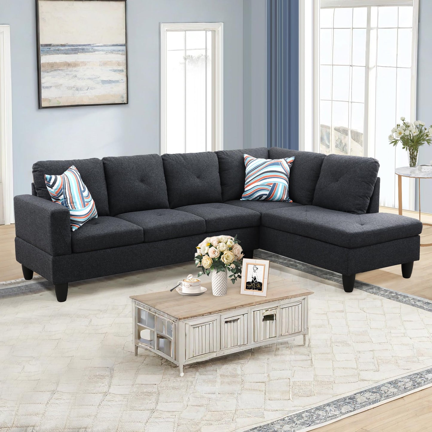 NicBex 97" L Shaped Couch Sectional Couches for Living Room, 2-Piece Linen Modular Sofa with Movable Chaise & Deep Seat for Apartment, Bedroom, Office, Black Grey
