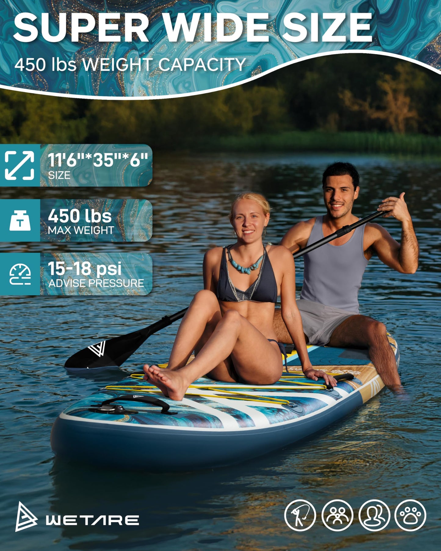 WETARE 11'6"x35" Inflatable Paddle Board, 450lbs Extra Wide Stand Up Sup Board for Adults, Blow Up Paddleboard Kayak Non-Slip Stable Deck Boat for Yoga Fishing Surf