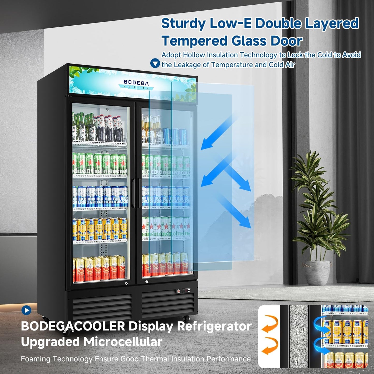 BODEGACOOLER 44.5"W 35.4 Cu. Ft Commercial Beverage Refrigerator, 2 Glass Door Merchandiser Cooler Display Refrigerator with LED Lighting, Adjustable Shelves, Temperature Control and Casters, Black