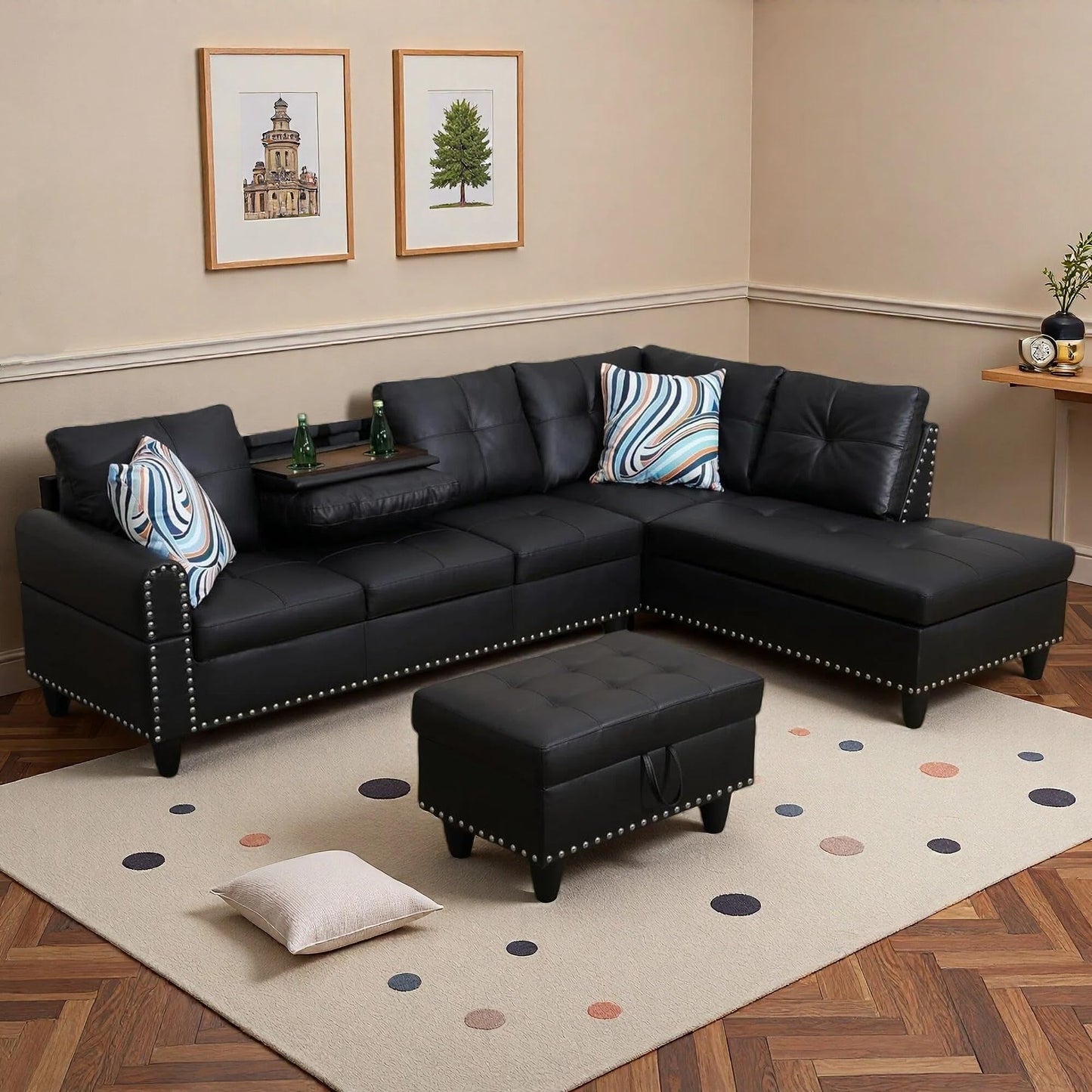 Trygoal L-Shaped Sectional Sofa with Movable Chaise & Storage Ottoman, Leather 3-Piece Modular Convertible Couches for Living Room, Apartment & Office, Black