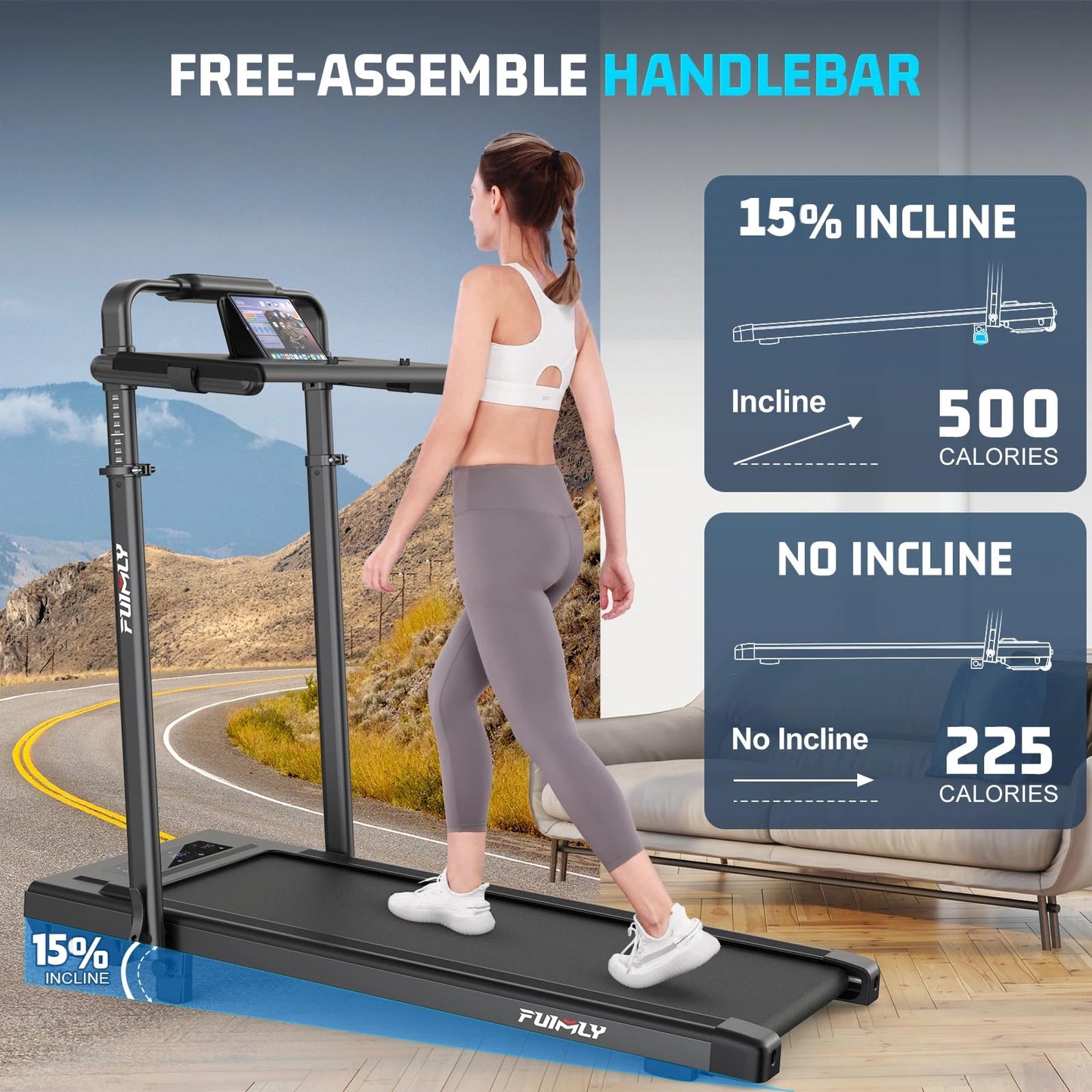 Walking Pad Treadmill with Removable Desk Workstation, 15% Incline Treadmill with Handle Bar, Foldable Treadmills Under Desk, Adjustable Height, 400 lbs+ Capacity, Walking or Running for Home Office