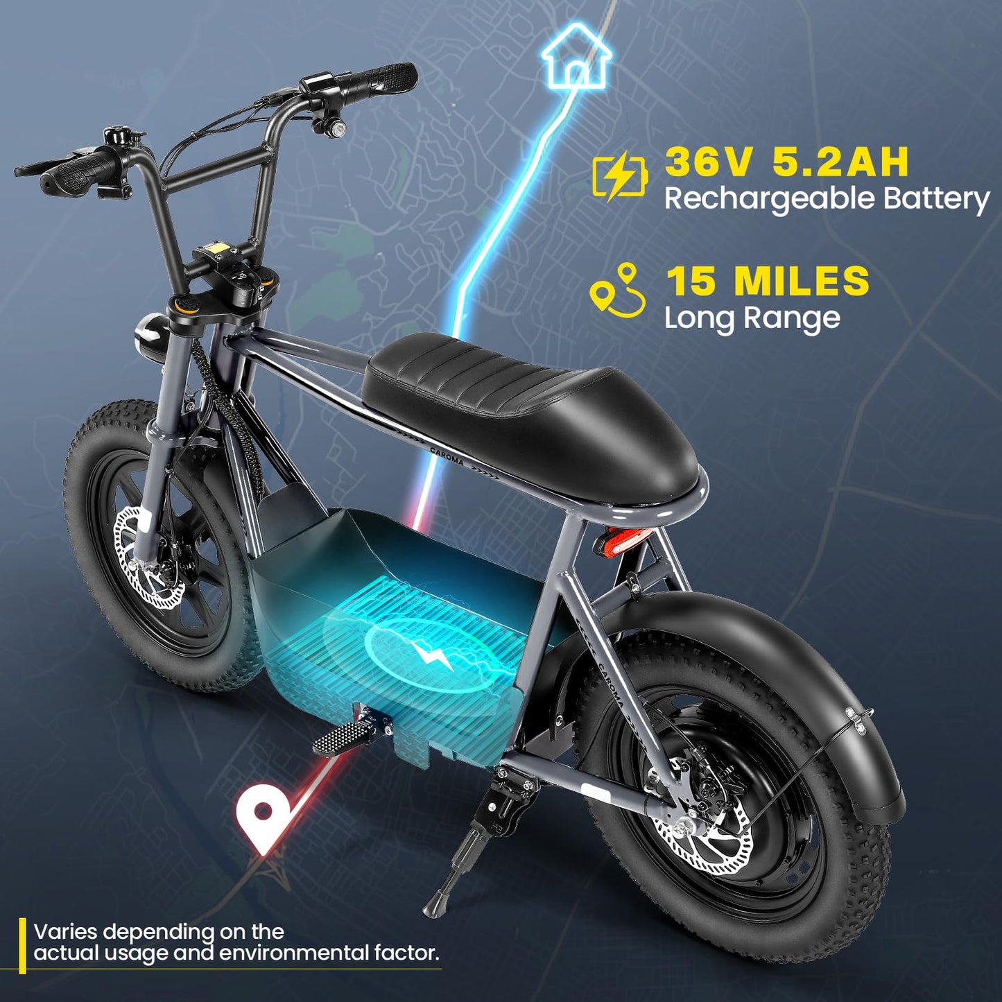 Caroma Peak 560W Electric Scooters with Seat, 16" Fat Tire for All-Terrain, 15Miles Max Range, 20mph Top Speed, Motorcycle Style with Carry Basket,Commuter Ebike for Adults&Teens, Gray