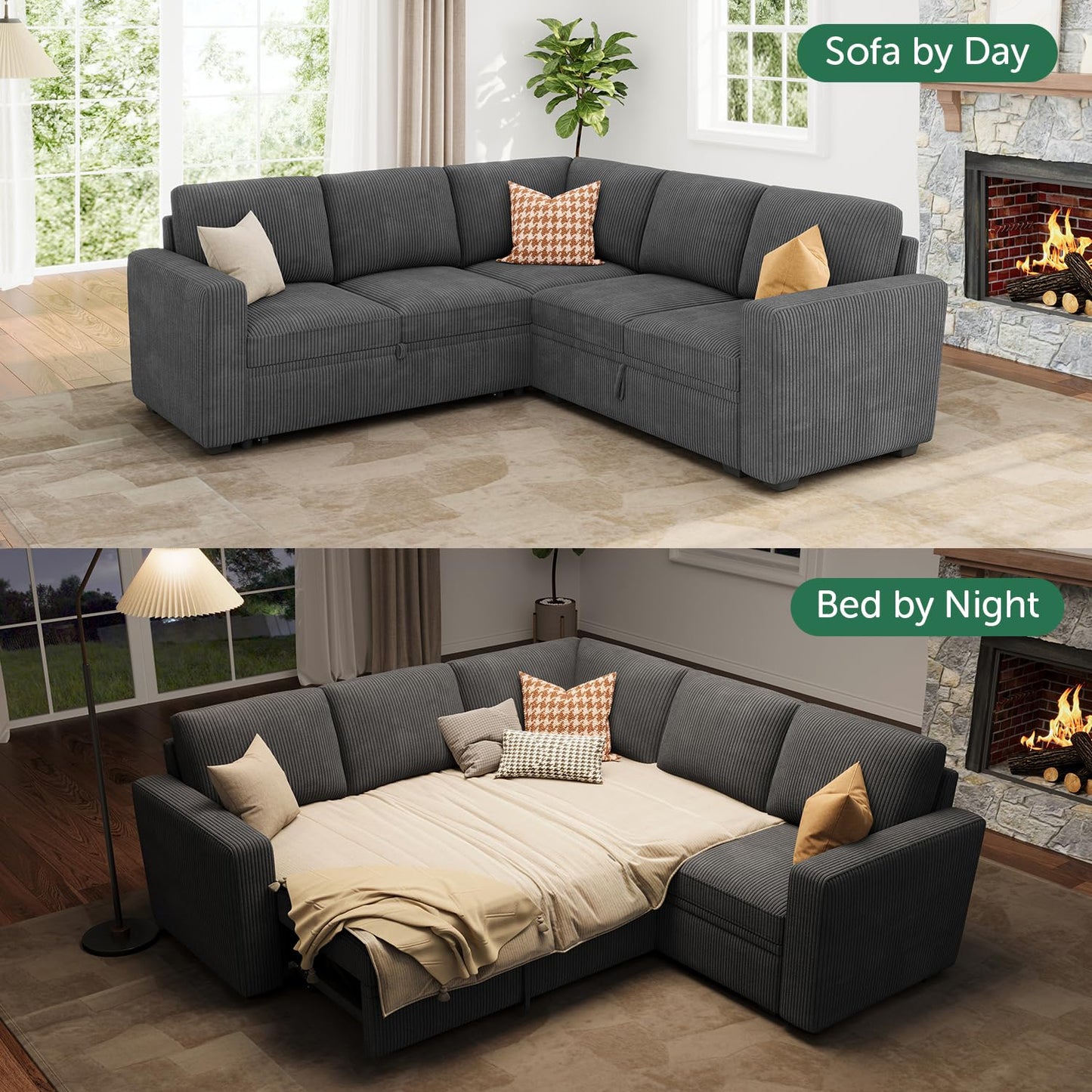 HONBAY Modular Sectional Sleeper Sofa with Pull Out Bed, Corduroy L Shaped Couch with Storage Seats, Convertible Sectional Couches for Living Room, Dark Grey