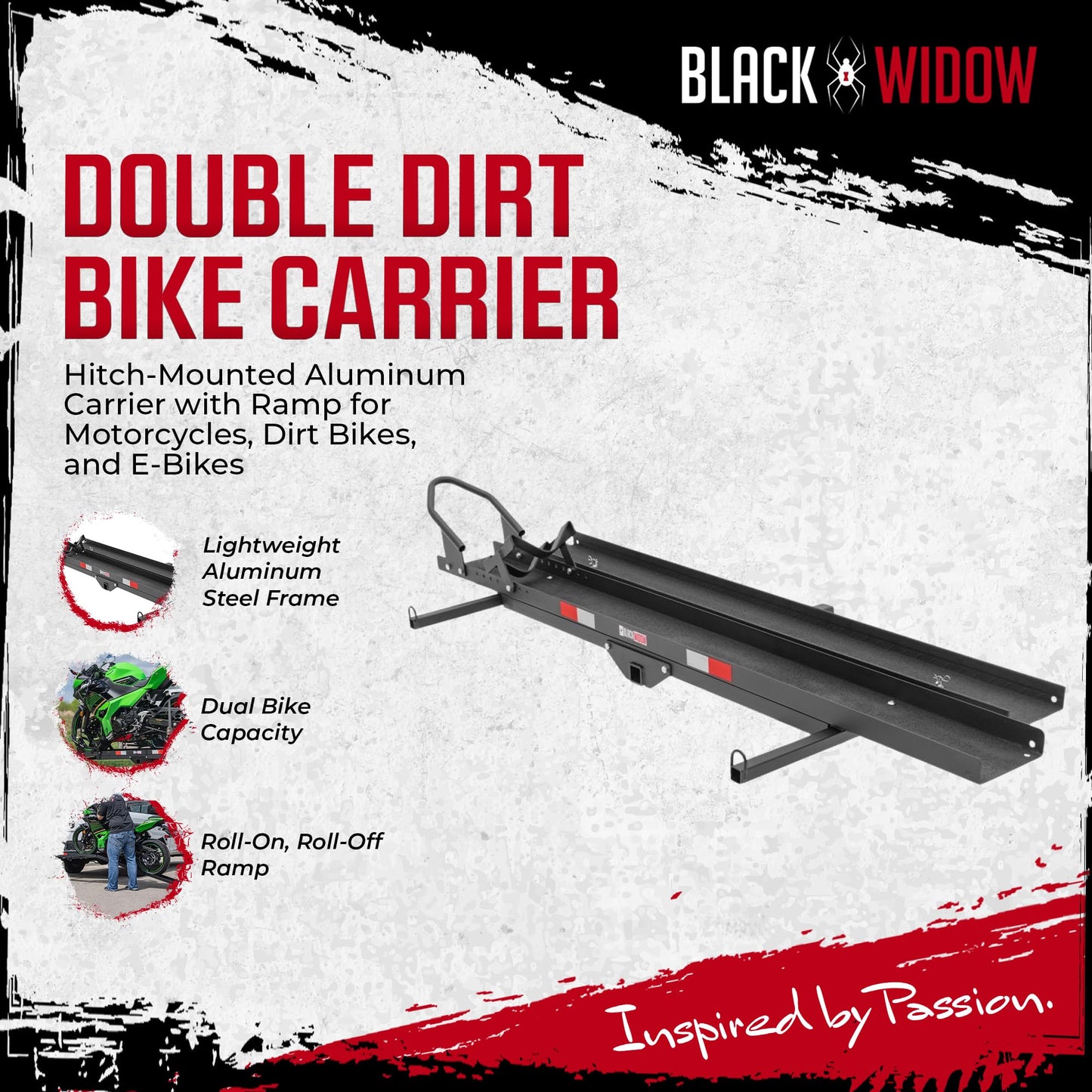 Black Widow Steel Motorcycle Carrier with Ramp for 2-Inch Receiver, 600 lb Capacity - Hitch-Mounted Dirt Bike and Scooter Hauler with Grit-Coated Track and Anti-Rattle Device for SUVs and Trucks