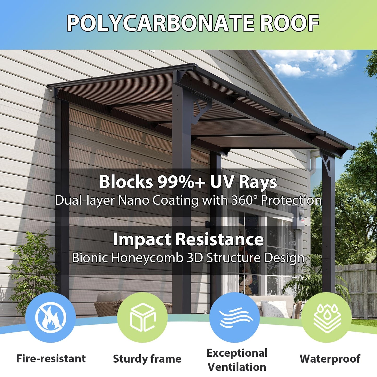 Aoxun 8’x 5’ Premium Gazebo with Aluminum Top Frame & Polycarbonate Panel, Wall Mounted Gazebos Pergola, Outdoor Patio Lean to Gazebo, Awnings with Sloped Roof, for Backyard, Porch, Deck