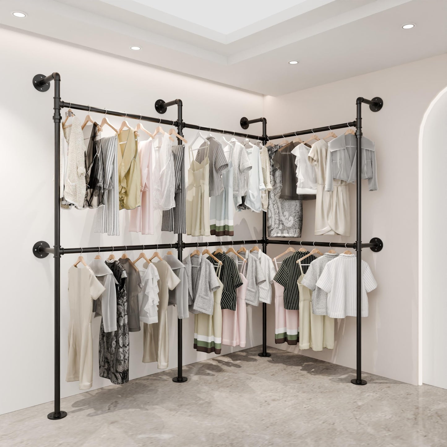 Teneyu Industrial Pipe Garment Rack, Reversible L - Shaped Wall - Mounted Clothing Rack, 106.3" Heavy Duty Closet Wardrobe System, Black Powder - Coated Steel for Walk - in Closet