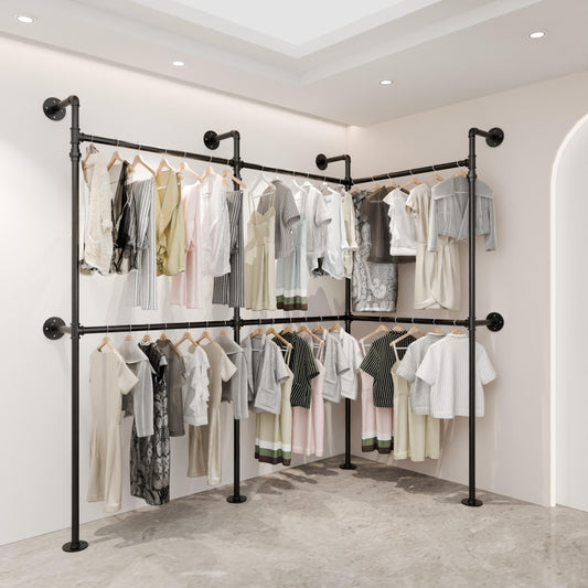 Teneyu Industrial Pipe Garment Rack, Reversible L - Shaped Wall - Mounted Clothing Rack, 106.3" Heavy Duty Closet Wardrobe System, Black Powder - Coated Steel for Walk - in Closet
