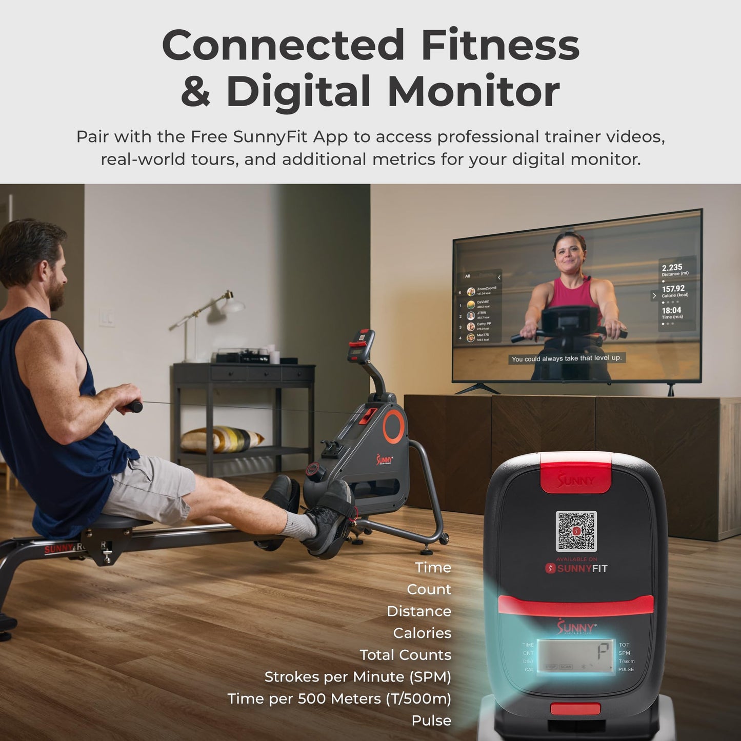 Sunny Health & Fitness Smart Silent Magnetic Rowing Machine with Dual Slide Rail – Magnetic Resistance Rower Designed for Low-Impact Full-Body Workouts and Users up to 300 LB - SF-RW523021