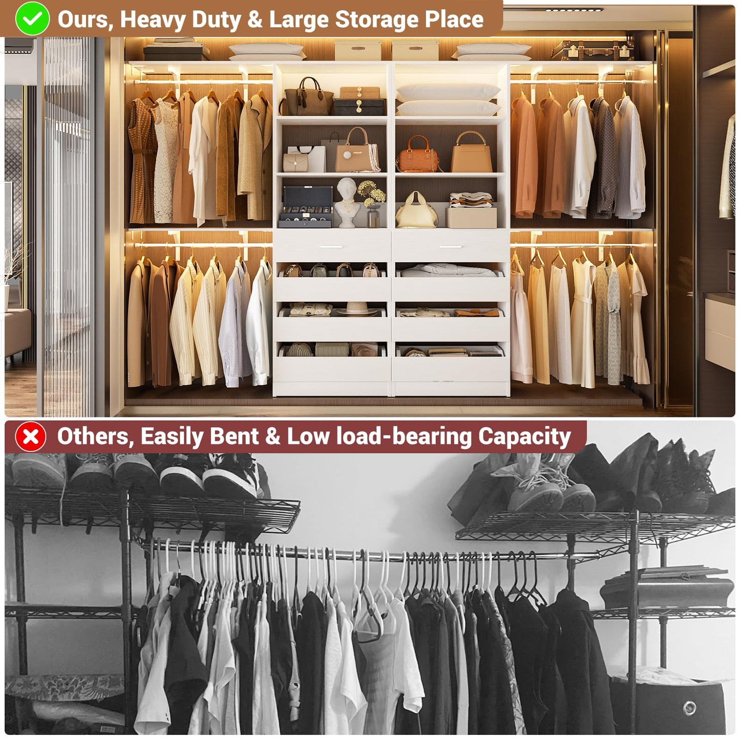 Aheaplus Closet System with 8 Wooden Drawers, Wood Closet Organizer System with Tower, Walk-in Closet Organizer Wardrobe Clothes Rack with 4 Hanging Rods, Garment Rack, Cut to Fit 7-12Ft, White