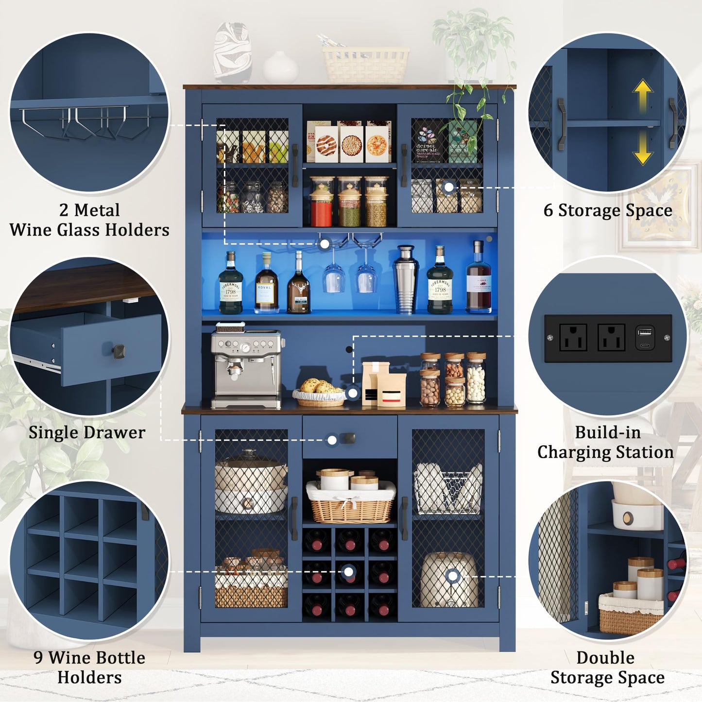 Merax 70.9" Tall Kitchen Pantry Storage Cabinet with Charging Station and LED Lights, Rustic Kitchen Hutch Food Pantries with Wine Rack, Drawer & Adjustable Shelves for Dining Room, Navy Blue