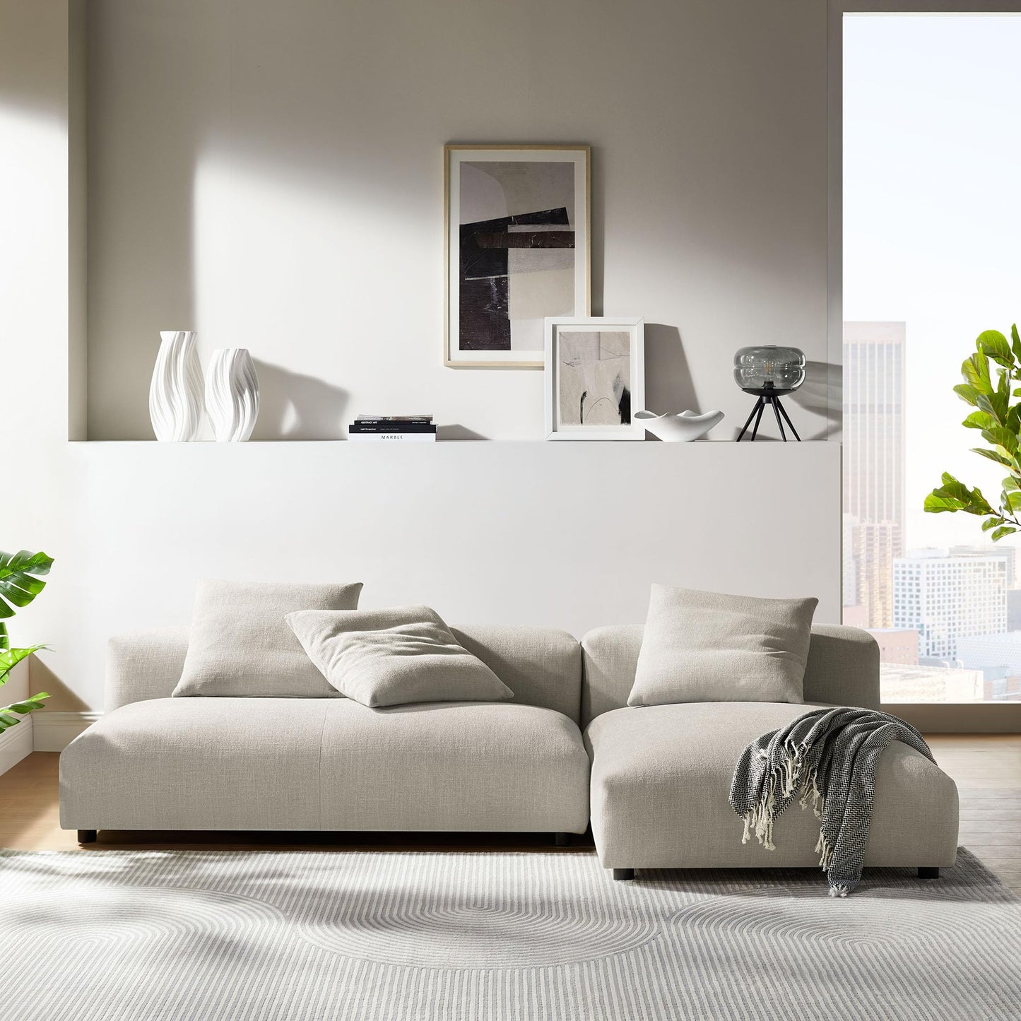 Modway Solace Modular Fabric Sectional Sofa with Chaise in Linen - Comfy Upholstered Deep Seat Sofa - Modern L-Shaped 2-Piece Sectional Sofa Set - 3 Seater Sofa for Living Room