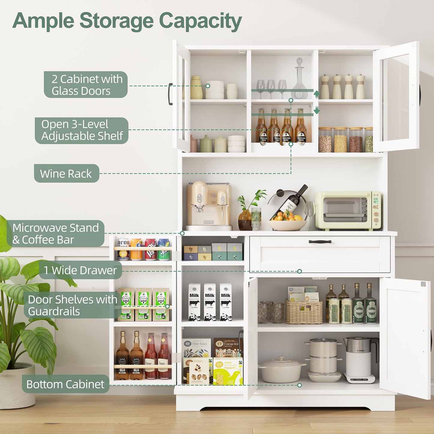 Shintenchi Kitchen Pantry Storage Cabinet, Freestanding Buffet Cabinet with Microwave Stand & 3 Door Shelves, Kitchen Hutch with Doors, Adjustable Shelves and Wine Rack, White
