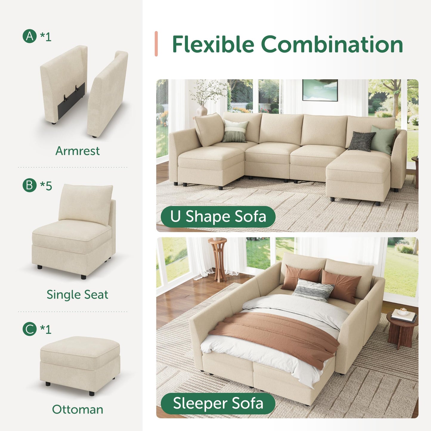 HONBAY Modular Sectional Couch L Shaped Sectional Sofa with Storage, Convertible Couches for Living Room - Beige