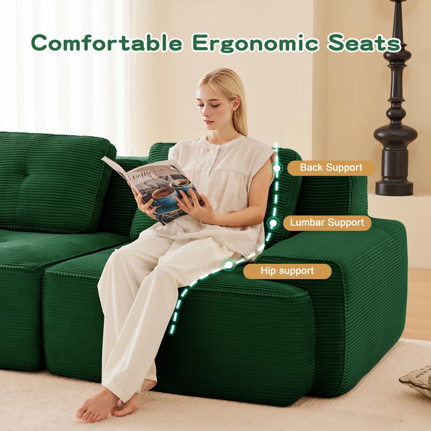 KEIKI 80" Oversized Corduroy Modular Sectional Loveseat Sofa with High-Density Foam Cushion & 2 Pillow, Upholstered Anti-slip Design 2-Seater Tufted Couch, No Assembly Required, for Living Room, Green