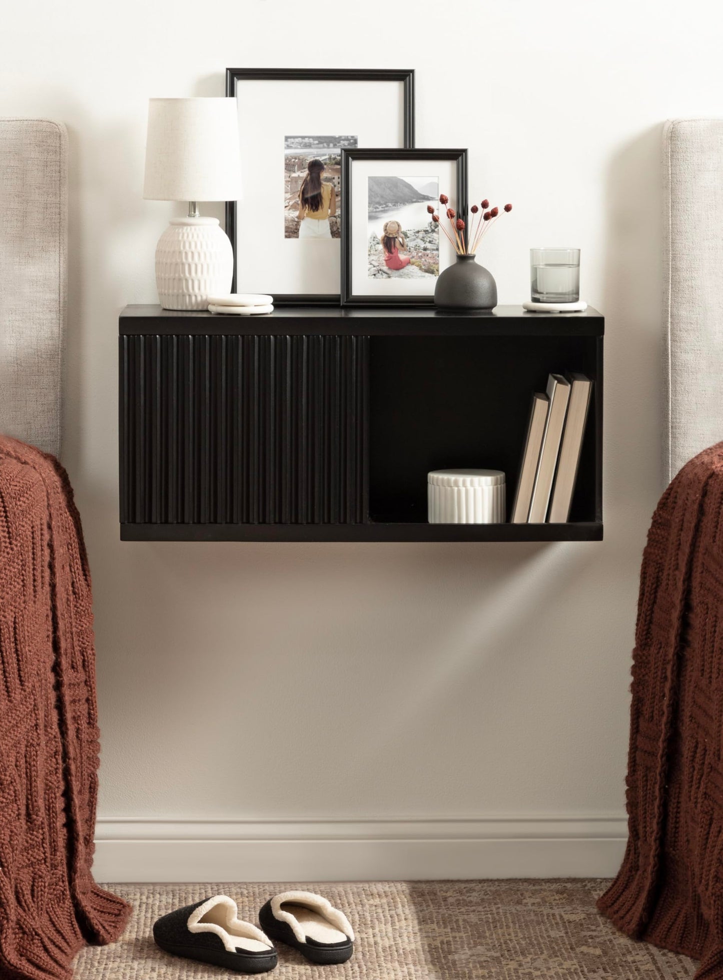 Kate and Laurel Furrow Modern Wooden Sliding Ribbed Door Wall Cabinet; 30 x 10 x 14; Black; Decorative Storage Cabinet with Sliding Door for Use as Floating Nightstand or Floating TV Shelf