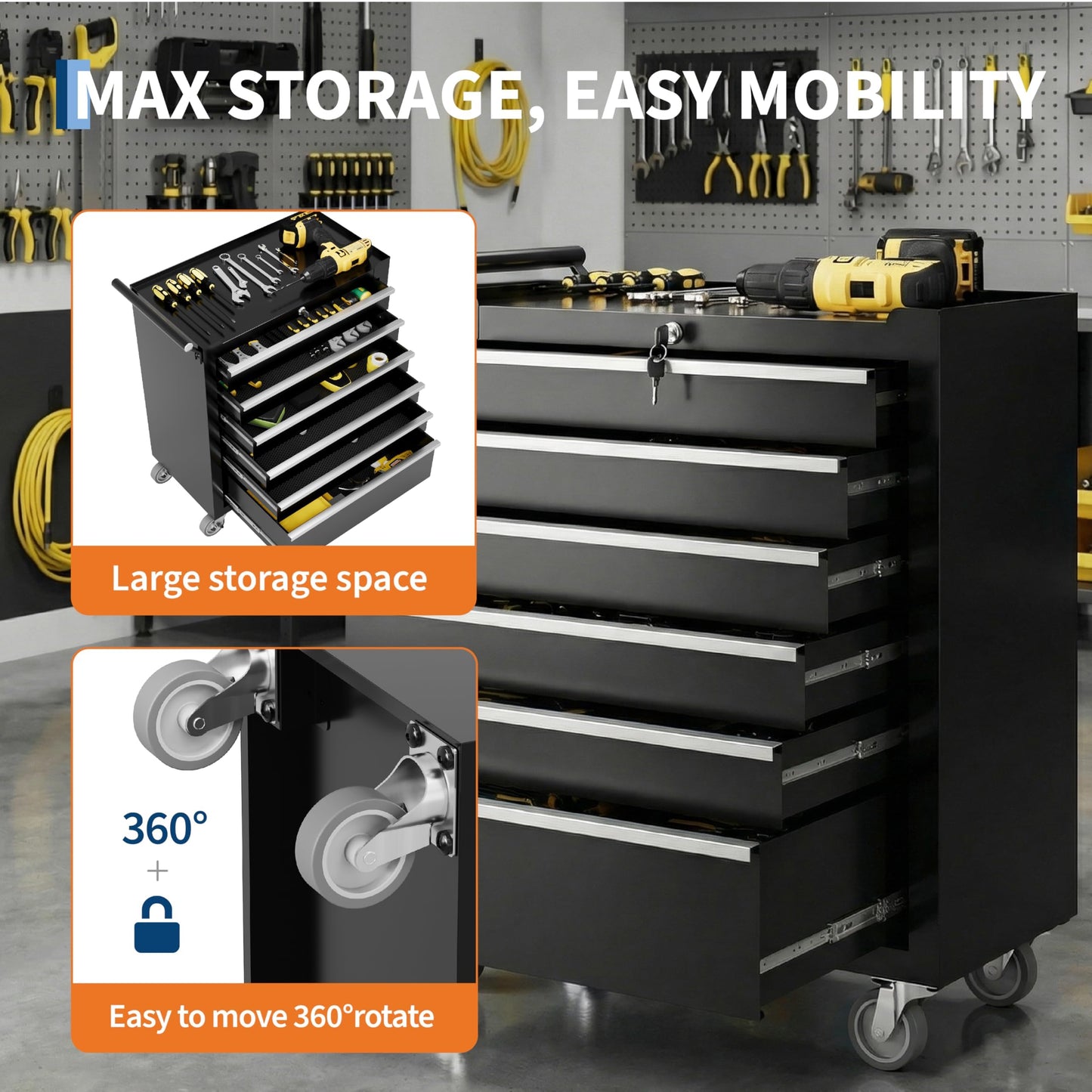 Rolling Tool Box with Wheels – 6 Drawer Heavy Duty Tool Chest Cabinet, Lockable Portable Storage Organizer with Drawer Liners, Mobile Mechanic Toolbox for Garage, Workshop, Shop, Easy Assembly, Black