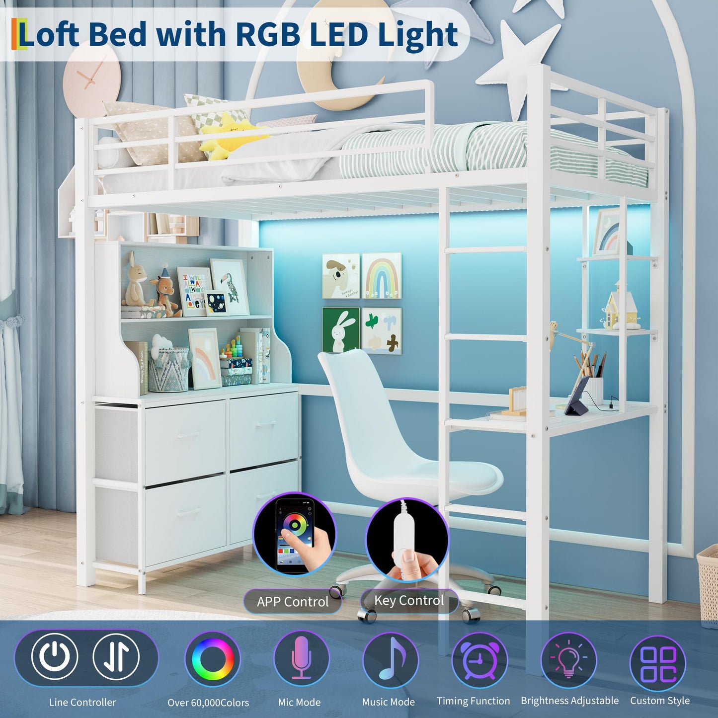 Twin Size Loft Bed with Desk, 4 Large Fabric Drawers and Open Shelves, Heavy Duty Metal Loft Bed with LED Lights, Power Outlets, Safety Guardrails & Ladder, Space Saving, No Box Spring Needed, White