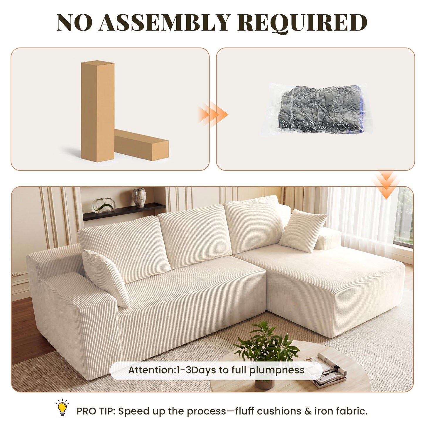 GRUSIGN Cloud Sectional Boneless Couches for Living Room, Modular L Shaped Couch with Deep Seat Oversized Right Facing Chaise, Memory Foam Compressed Spineless 3 Seater Sofa for Apartment, Beige