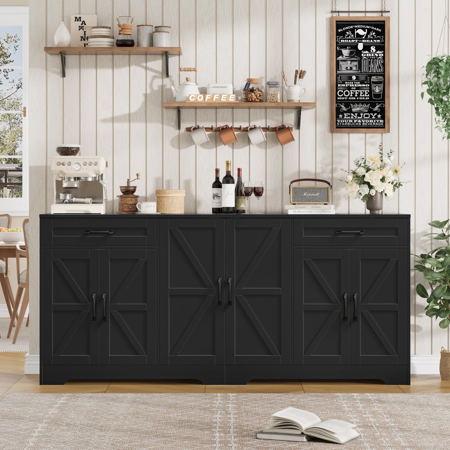 BOTLOG 71” Large Sideboard Buffet Cabinet with Storage, Farmhouse Kitchen Buffet Cabinet with Adjustable Shelves and 6 Barn Doors, Wood Coffee Wine Bar Console Table for Kitchen, Dining Room, Black