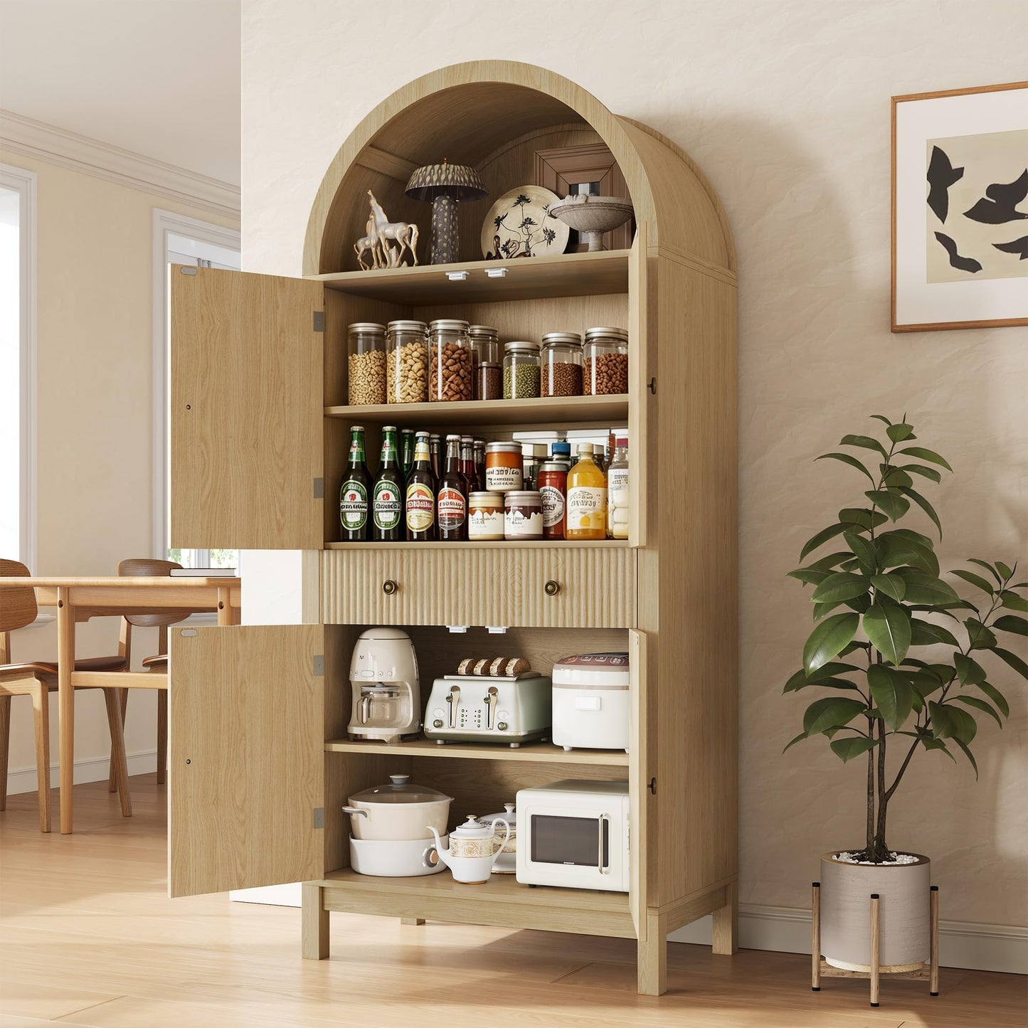 Apicizon 70" Tall Arched Kitchen Pantry Cabinet, 6-Tier Modern Fluted Wood Storage Cabinet with Doors Drawer & Adjustable Shelves, Farmhouse Cupboard Organizer for Dining Room, Bathroom, Natural