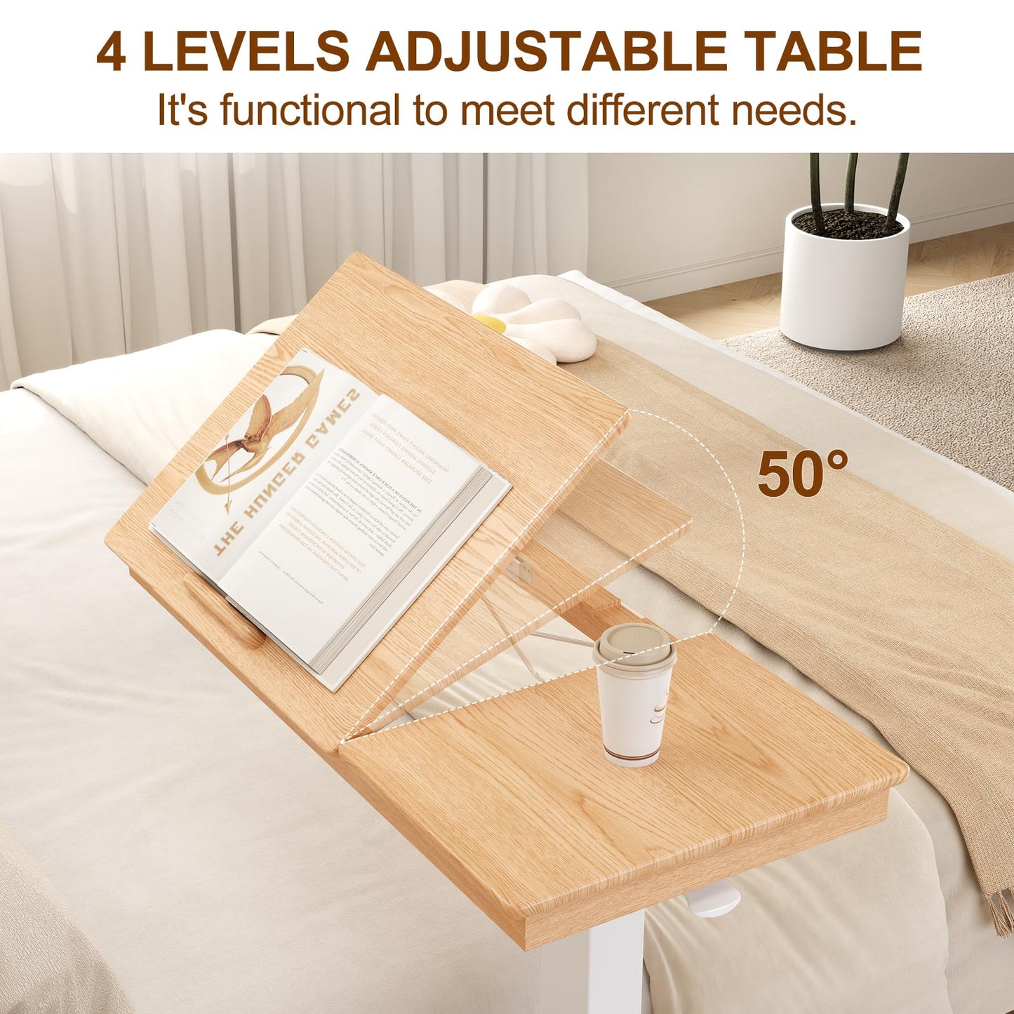 Muwuele Solid Wood Overbed Bedside Table with Wheels, Adjustable Medical Tilt Top Hospital Bed Table Over The Bed, Rolling Laptop Desk, Mobile Standing Desk for Hospital and Home Use (Natural)
