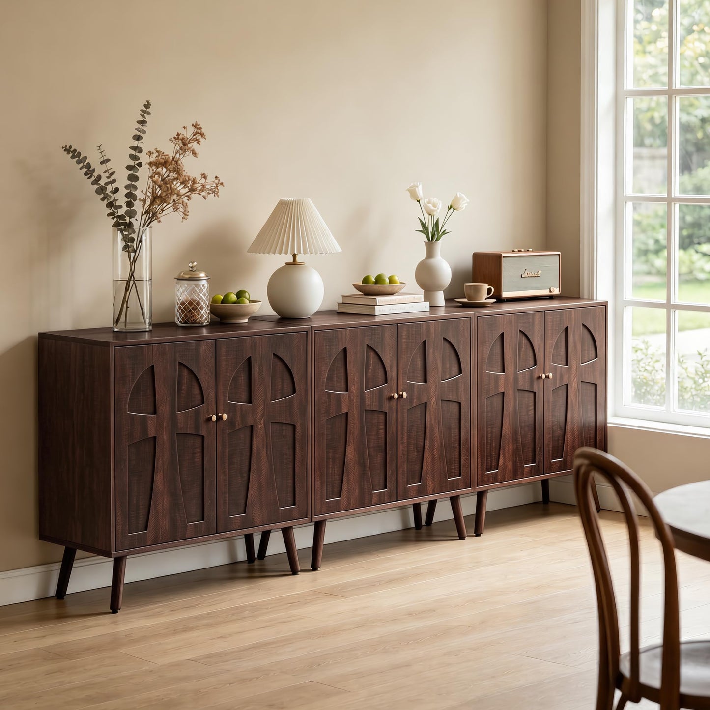 Janmer Home Sideboard Buffet Cabinet, 94.5" Wide Wooden Storage Cabinet with Arched Cutout Doors, Adjustable Shelves, Mid-Century Modern Credenza for Kitchen Living Room Entryway Dark Walnut