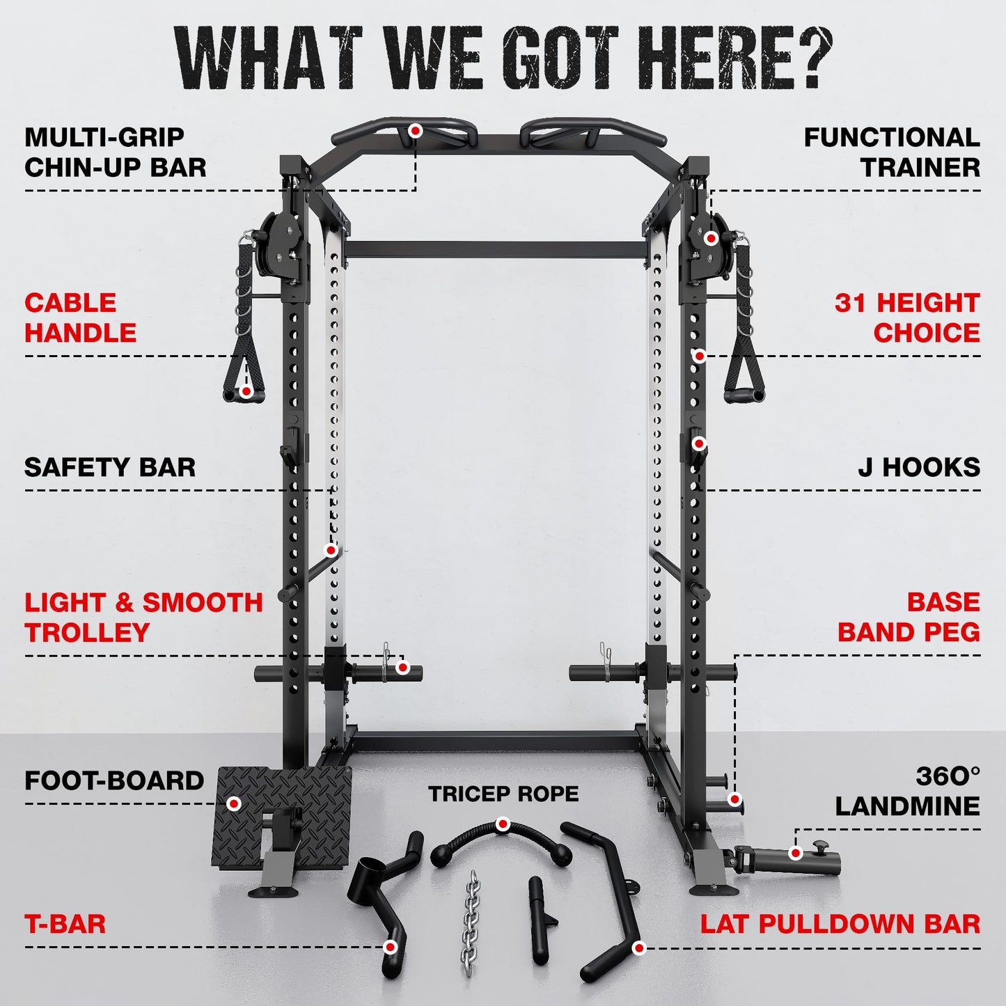 GOIMU DP01 Power Cage, 2000LBS Squat Rack with Cable Crossover and Dual Independent Pulley System, Full Cage for Full Body Training, Power Rack with More Training Attachments for Home Gym (Bk-Pro)