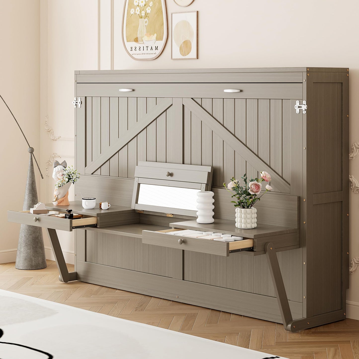 Merax Queen Size Murphy Bed with Vanity Desk, Foldable Murphy Cabinet Bed with Center Mirror and 2 Side Storage Drawers, Solid Wood Space-Saving Hidden Wall Bed Cabinet for Guest Room Office, Gray
