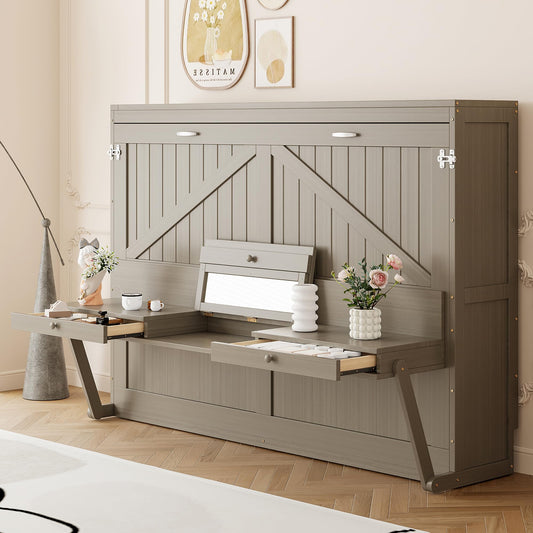 Merax Queen Size Murphy Bed with Vanity Desk, Foldable Murphy Cabinet Bed with Center Mirror and 2 Side Storage Drawers, Solid Wood Space-Saving Hidden Wall Bed Cabinet for Guest Room Office, Gray