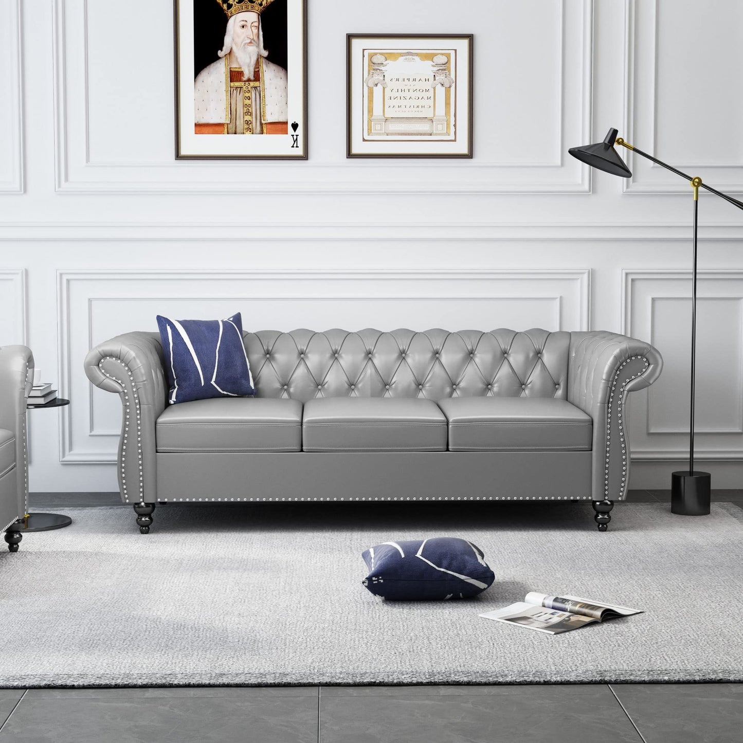 ORRD Chesterfield Sofa Leather, Modern PU Tufted Couch 3 Seater with Rolled Arms and Nailhead for Living Room, Bedroom, Office, Apartment (Grey)