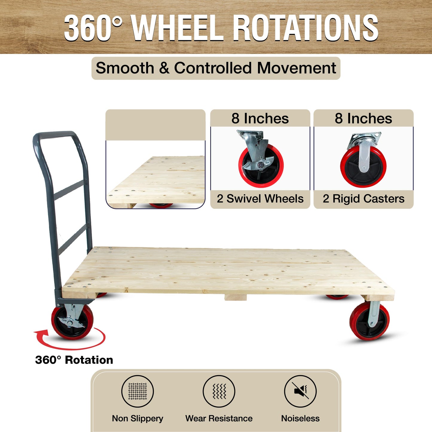5Seconds Heavy Duty 3300LB Hardwood Flatbed Platform Cart – 60” x 30” Industrial Dolly Hand Push Truck, 8'' Swivel Locking Wheels – Super Heavy Duty Commercial Moving