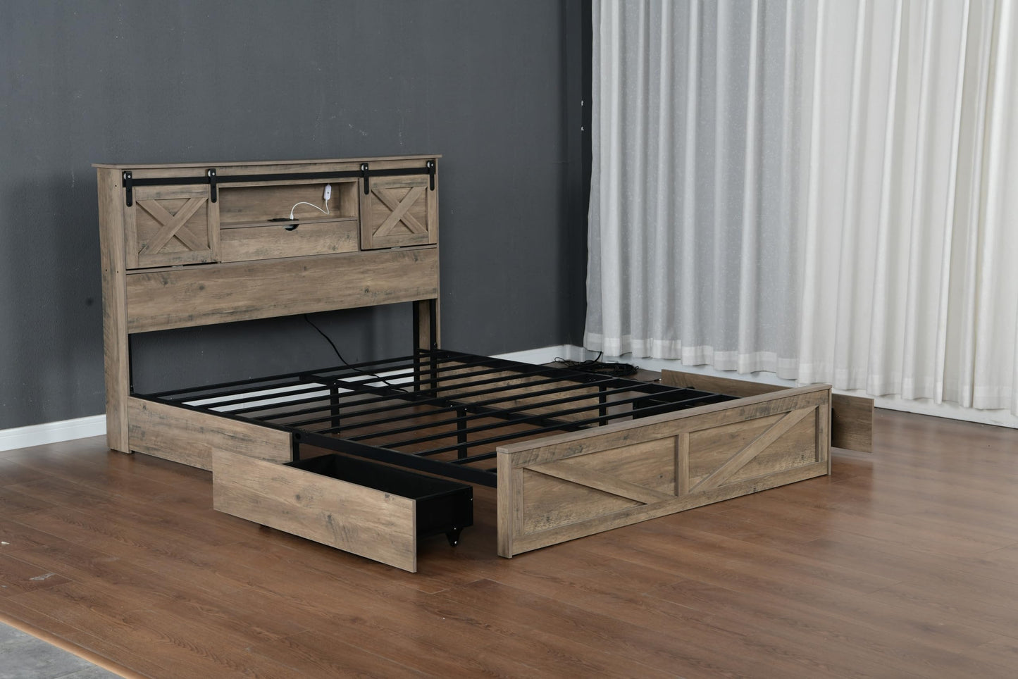 KEIKI Farmhouse Queen Bed Frame with Storage Headboard & Drawers, Rustic Wooden Platform Bed with Sliding Barn Door Design, Modern Bedroom Furniture, No Box Spring Needed, Noise Free, Grey