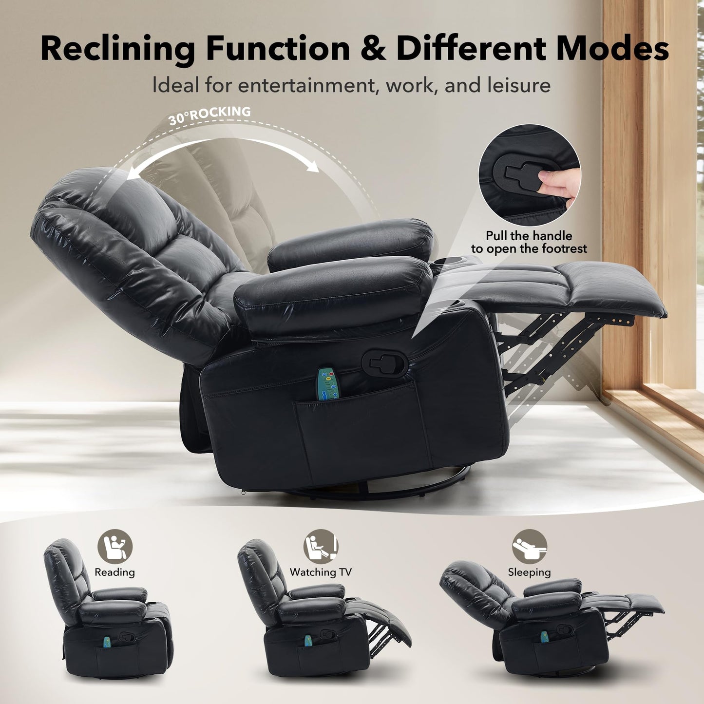 Rocker Recliner Chair with Heat and Massage,Nursery Recliner 360° Swivel Oversized Chairs for Adults,Chenille Lazy Boy Single Sofa Seat with 3 Positions,Side Pockets,Cup Holders for Living Room Black