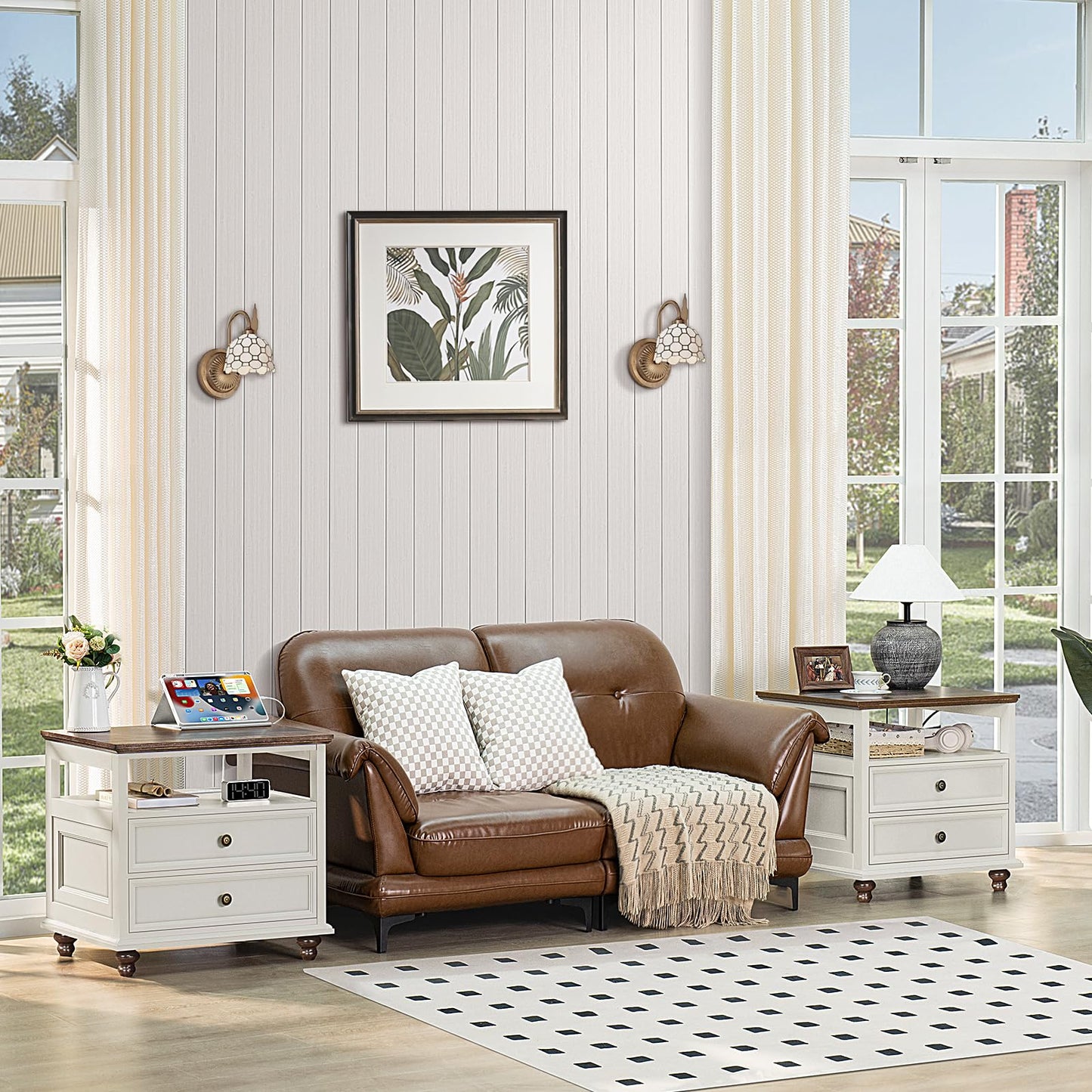 Joaxswe Farmhouse Nightstand Set of 2 with Charging Station, 24" Wide End Table with 2 Drawers,Dresser for Bedroom,Bed Side Table Chest of Drawers Cabinet,Wood White Night Stand for Living Room