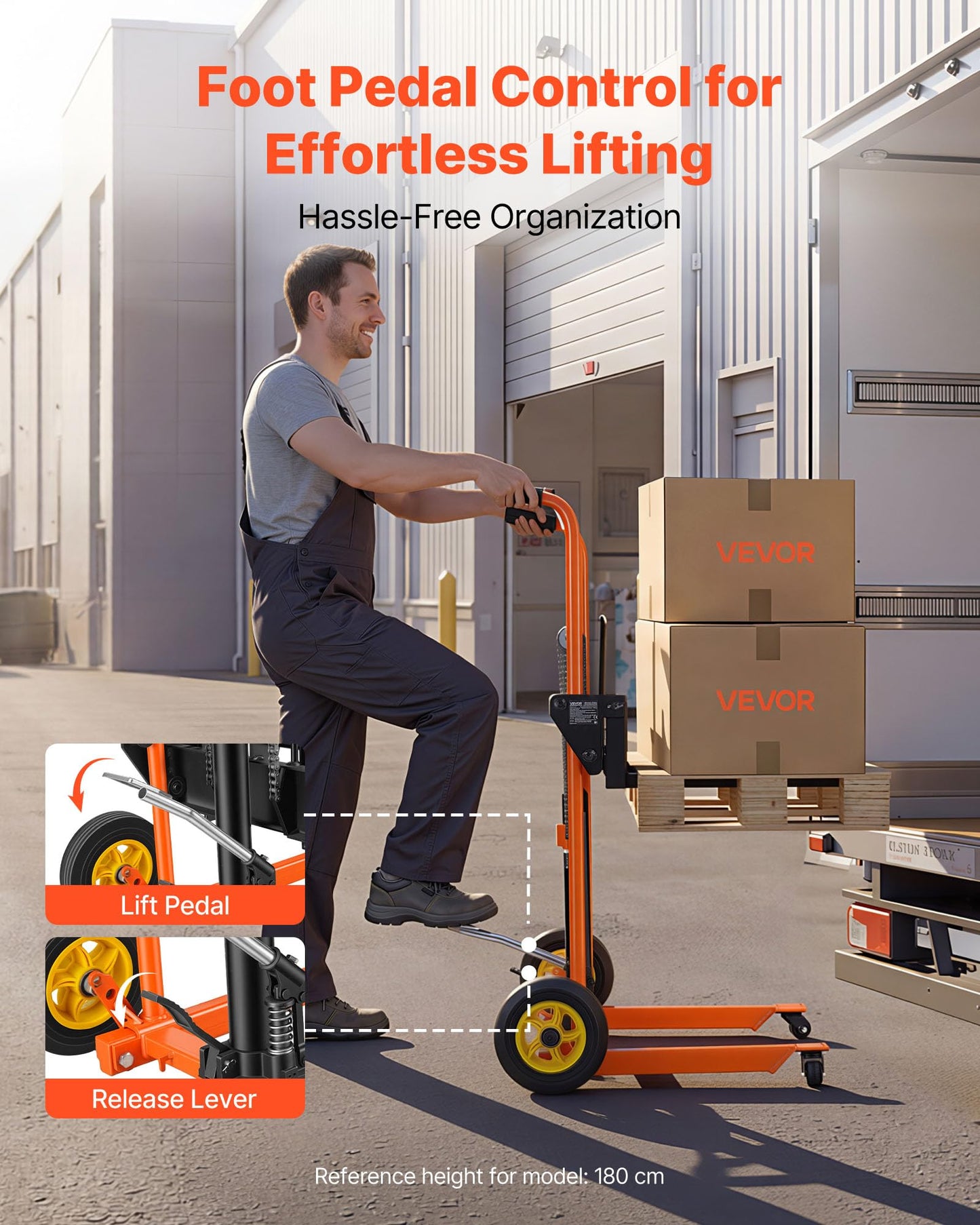VEVOR Hydraulic Material Lift Winch Stacker, 450 lbs Load Capacity, 39.4'' Max Lifting Height, Pallet Truck Dolly with Fork Lift Table, Foldable & Portable Pallet Jack Table Cart, Orange & Black
