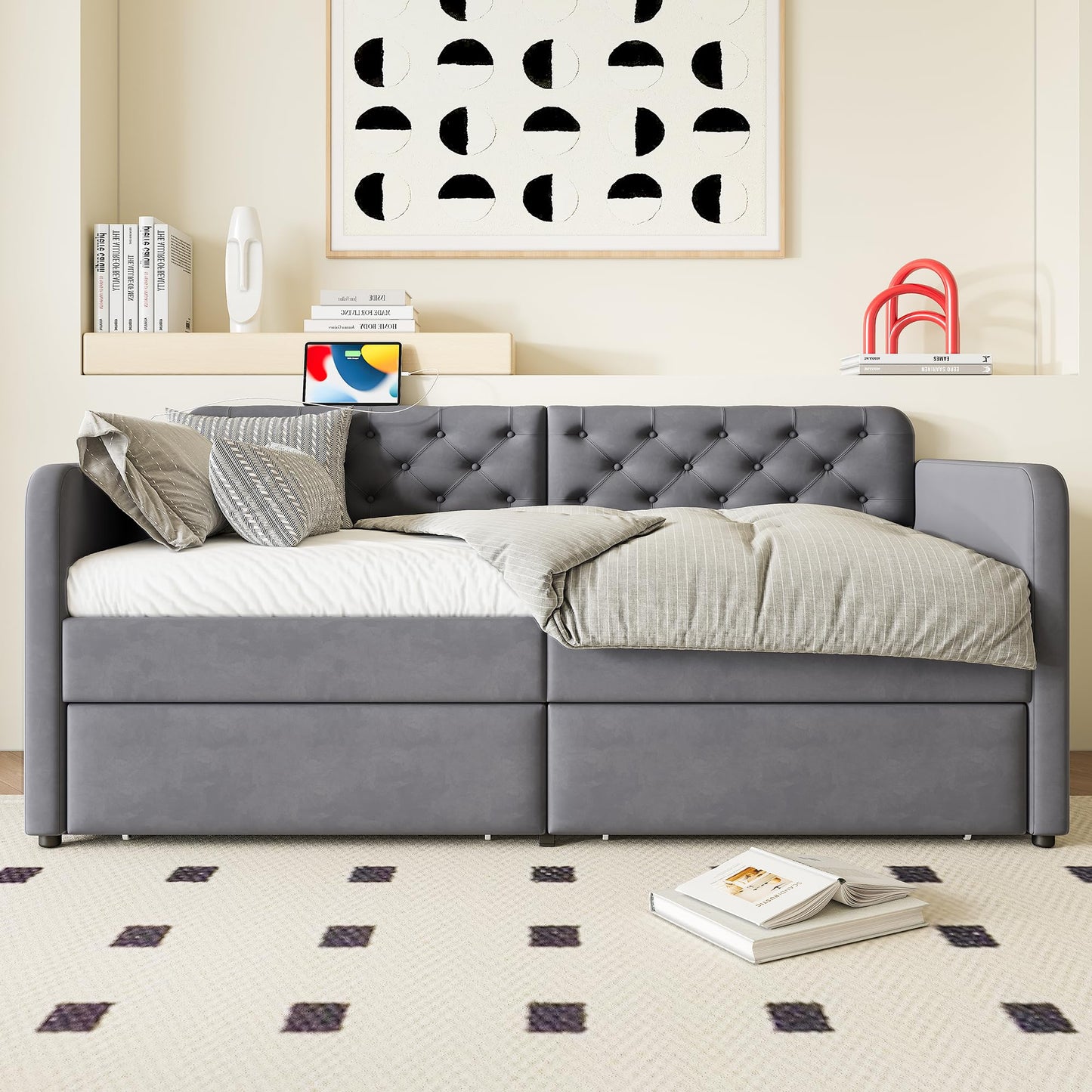 GDFStudio Twin Size Bed Frame with 2 Storage Drawers, Velvet Upholstered Twin Daybed with Headboard and Charging Station, Tufted Wood Platform Bed Frame, Solid Slats, No Box Spring Needed, Grey
