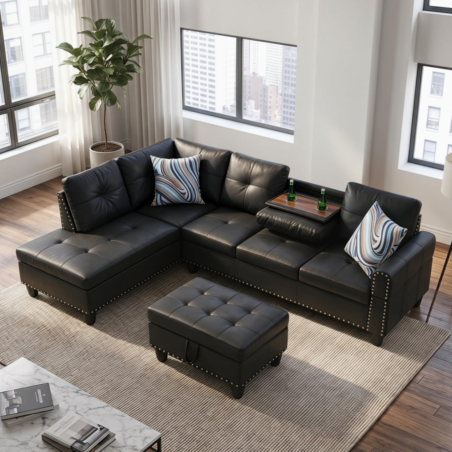 Trygoal 97.5" L-Shaped Modular Sectional Sofa with Movable Chaise & Storage Ottoman, 3 Piece Convertible Leather Couch, 4 Seat Gloss Black Living Room Furniture Set for Apartment Home Office