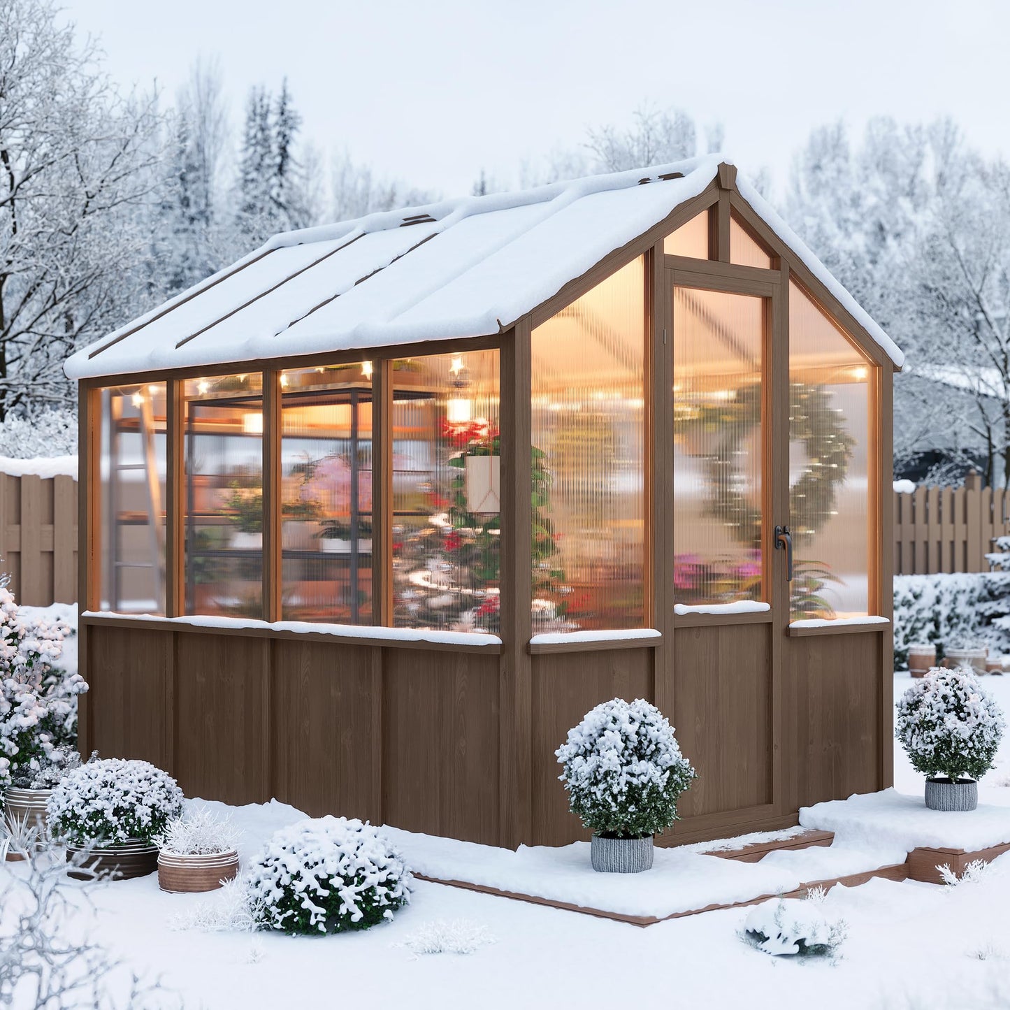 6x8 FT Greenhouse - Large Wooden Greenhouses for Outdoors, Heavy Duty Spruce Frame Greenhouse with PC Panels, Adjustable Roof Vents & Lockable Door, Walk-in Green Houses for Garden, Backyard, Patio
