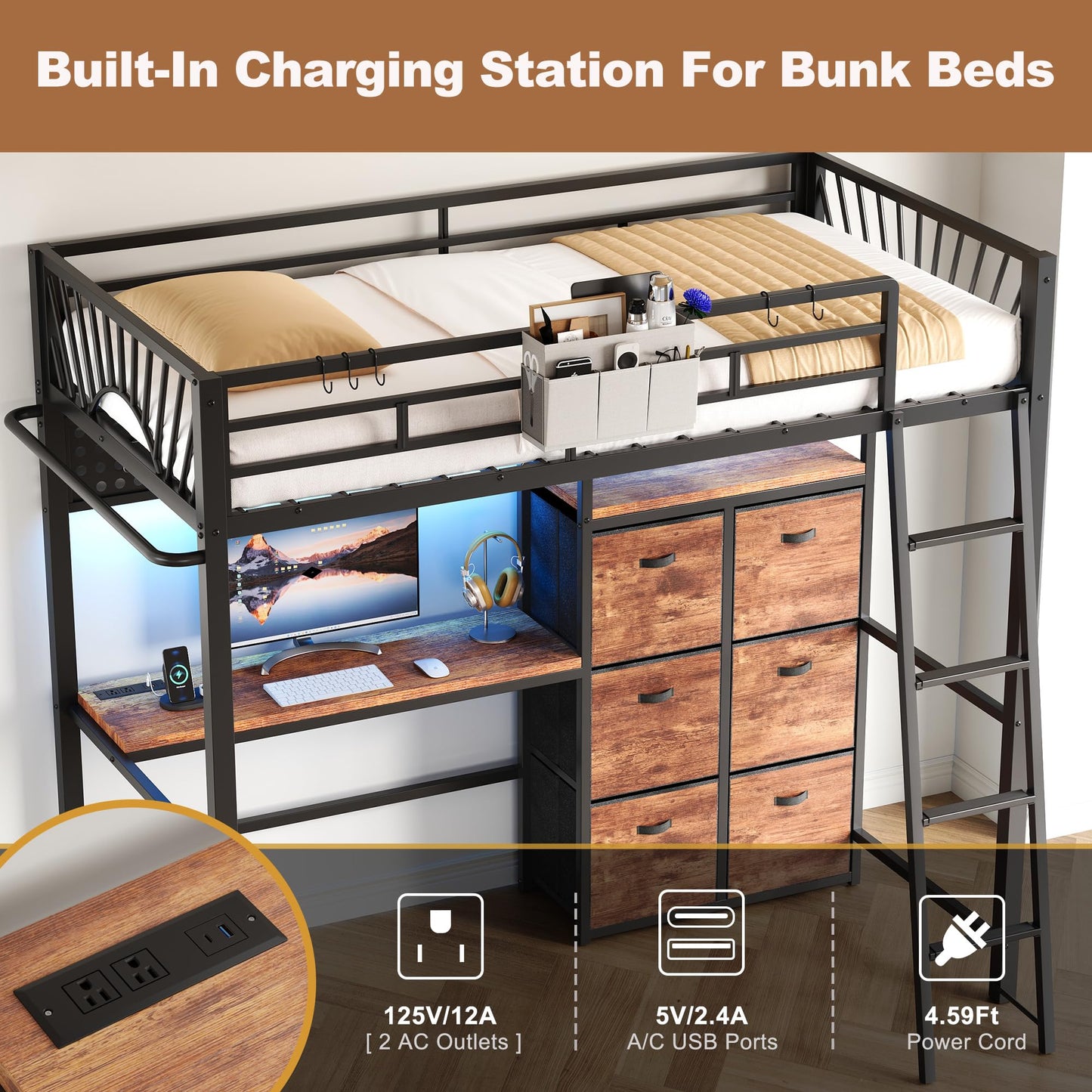 Decofy Twin Loft Bed with Desk and 6 Storage Drawers, Metal Loft Bed Twin Size with Charging Station & LED Lights, Bed Frame with Hanging Rod, Safety Ladder & Guardrail, Bedside Caddy for Kids, Teens