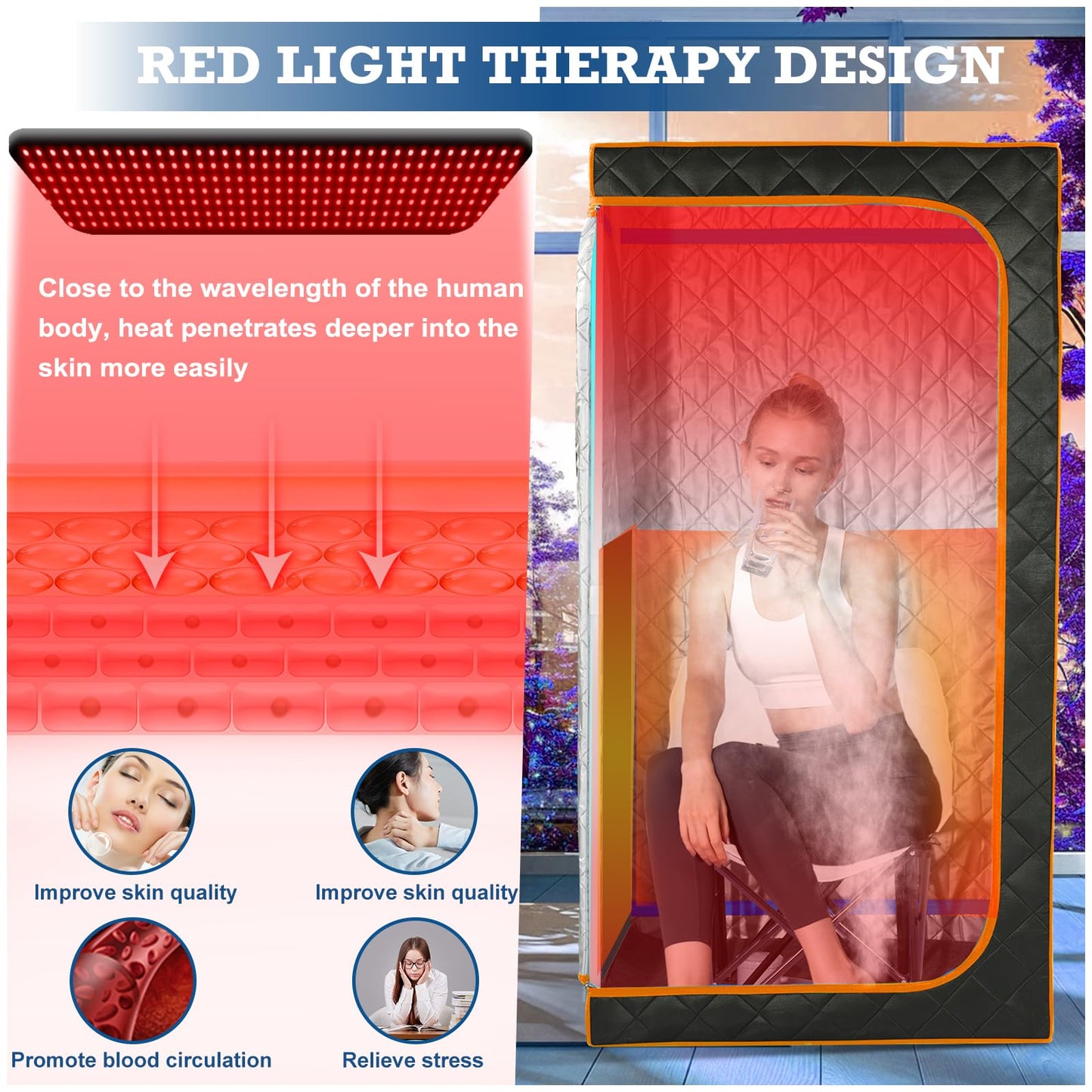 Smartmak Portable Infrared Sauna,1 Person Infrared Sauna Box with 660nm Red Light Therapy, Full Size Sauna Tent for Home, Foot Heating Pad, Folding Chair (Orange-1Person)