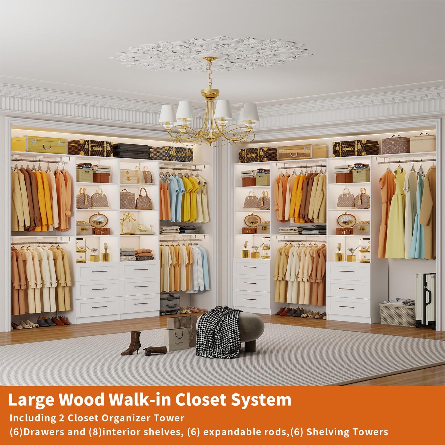 Closet System with 6 Drawers, 6-13FT Closet Organizer System Wood with 8 Shelves & 6 Expandable Hanging Rods, Closet Systems Kit for Walk in Closets, Modular Closet Organizer Systems, 2 Sets,White