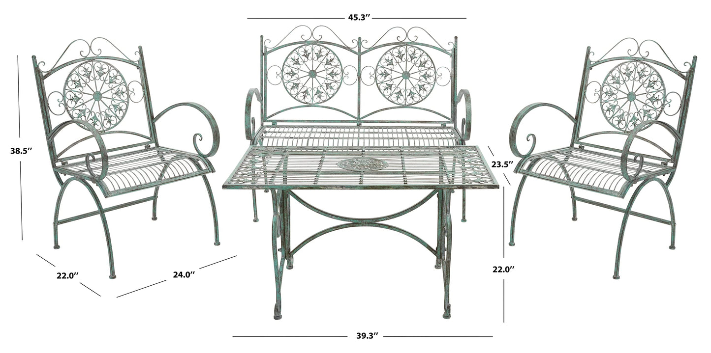 SAFAVIEH Outdoor Collection Sophie Victorian Scroll Antique Dark Green Wrought Iron 4-Piece Patio Set